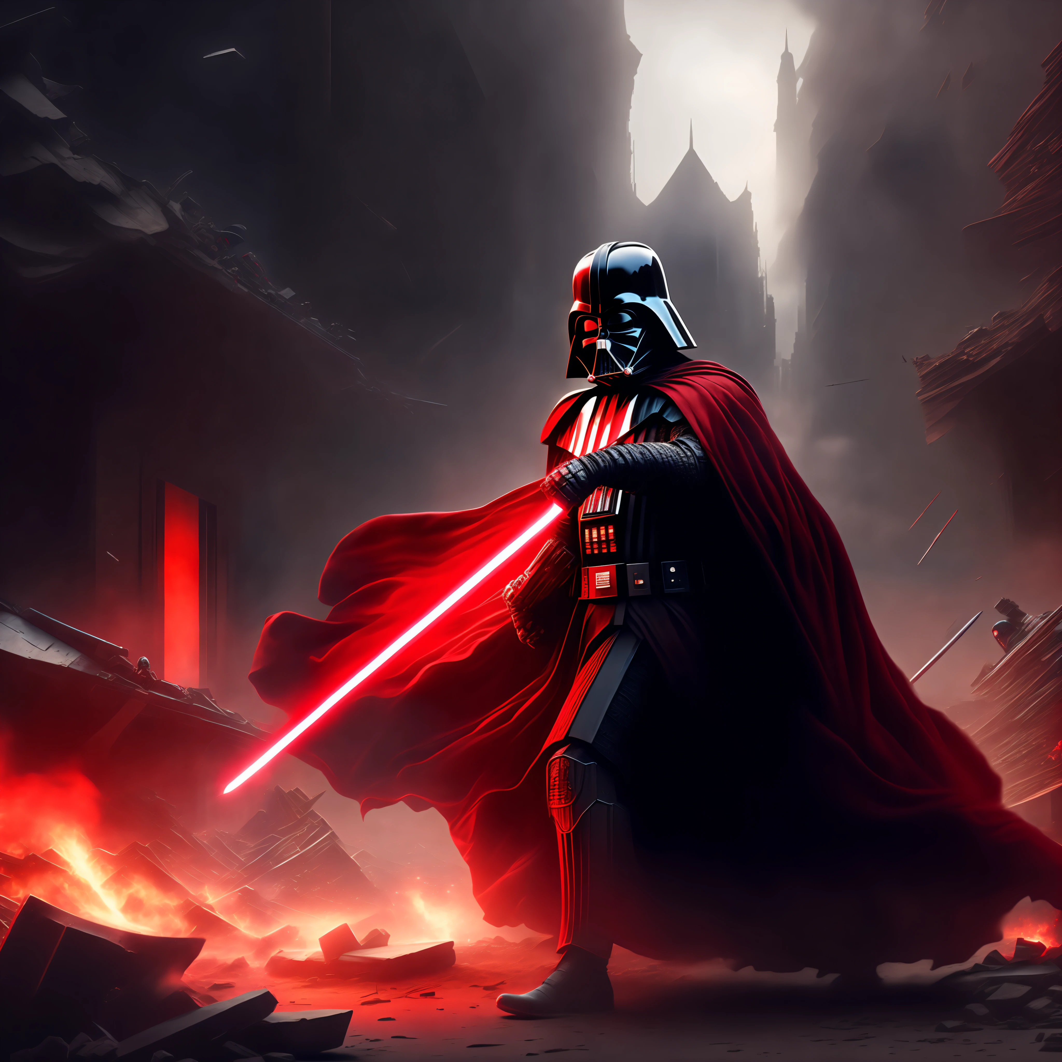 Darth Vader wielding red sword killing a Jedi in a destroyed city, HD, 4k, armadura oriental