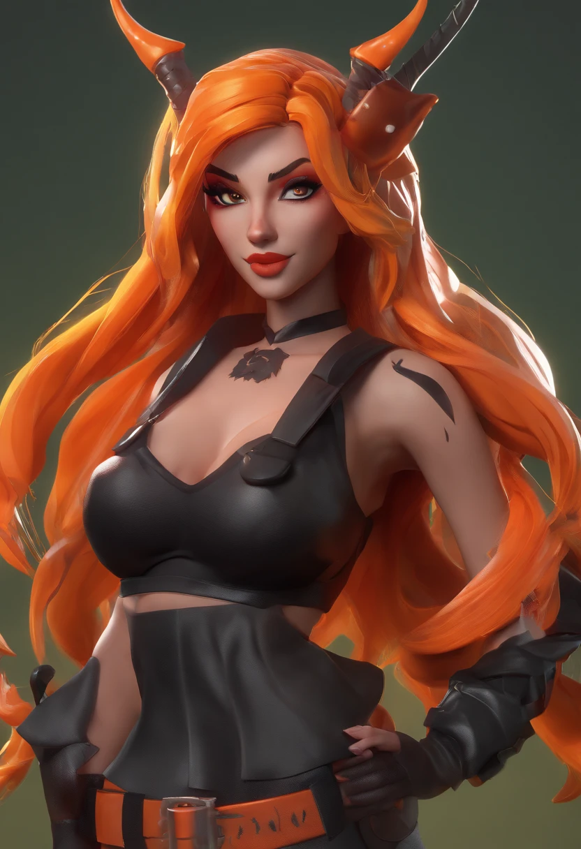 Sexy Fortnite character, long orange hair, devil horns and tail, vampire fangs, orange eyes with long eyelashes, nose and face piercings, small bust, curvy, rosy cheeks, black makeup, fall inspired outfit, leaves in hair, lots of tattoos, black mini skirt, pumpkin combat boots, bats all around, demonic pickaxe