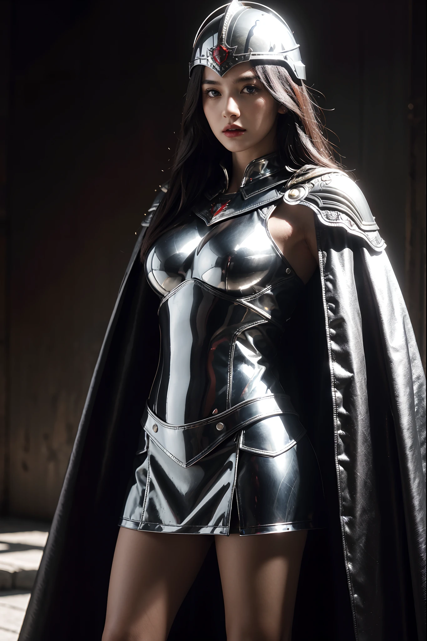 1girl, solo, female Roman warrior with red helmet and cape, long black hair, angry, extremely beautiful girl, roman warrior helmet, subtle makeup, silver hour, photorealistic, high contrast, 8k HD, detailed, hyper-detailed, realistic skin texture, blonde hair, huge chest, neckline, best quality, ultra high res, raw photo, dramatic lighting, unreal engine, intricate diffuse glow and silver tab, black cape, battlefield, Standing