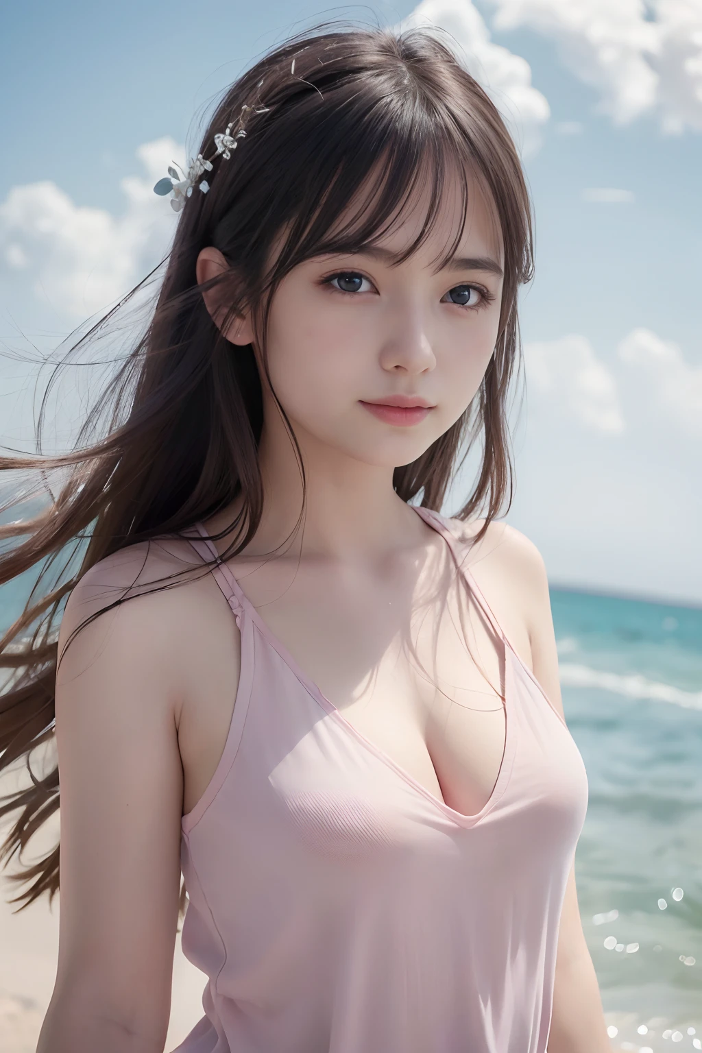 Japan girl, girl in her twenties, small breasts, perfect skin, wet hair, perfect, dark hair, brown eyes, double eyelids, pink bikini, shiny, luminous, sea, strong sunlight, summer,