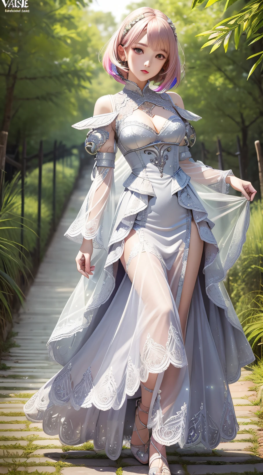 Realistic, Hyper Detail, Girls Only, Layered Bob, Dynamic Lighting, ((Bold imaginative pose)), (Glossy skin: 1.5), Masterpiece, Top Quality, Absurdity, Watching Viewer, (Blonde and Pink Hair), deep Purple Clear Eyes,((Beautiful, detailed eyes, jewel-like eyes, colorful eyes, sparkling eyes:1.3)), Slender, High Resolution, Sharp Focus, Depth of Field, Detail Eyes, Sharp Eyes, (Realistic Eyes)), outdoors, sunrise sky, (attractive delicate design river trimmed lace dress, (intricately patterned silver armor wearing): 1.3)) full body picture, full body.