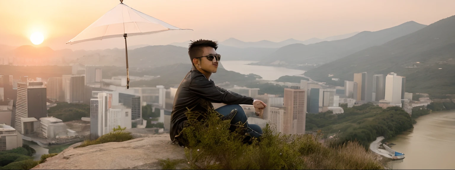 there is a man sitting on the edge of a river with an umbrella, amidst nature, candid picture, with a cool pose, edited in photoshop, taken at golden hour, photo taken with canon 5d, casual photography, with sunset, with sunglass, !! low contrast!!, during golden hour, taken with my nikon d 3, taken with a canon eos 5 d