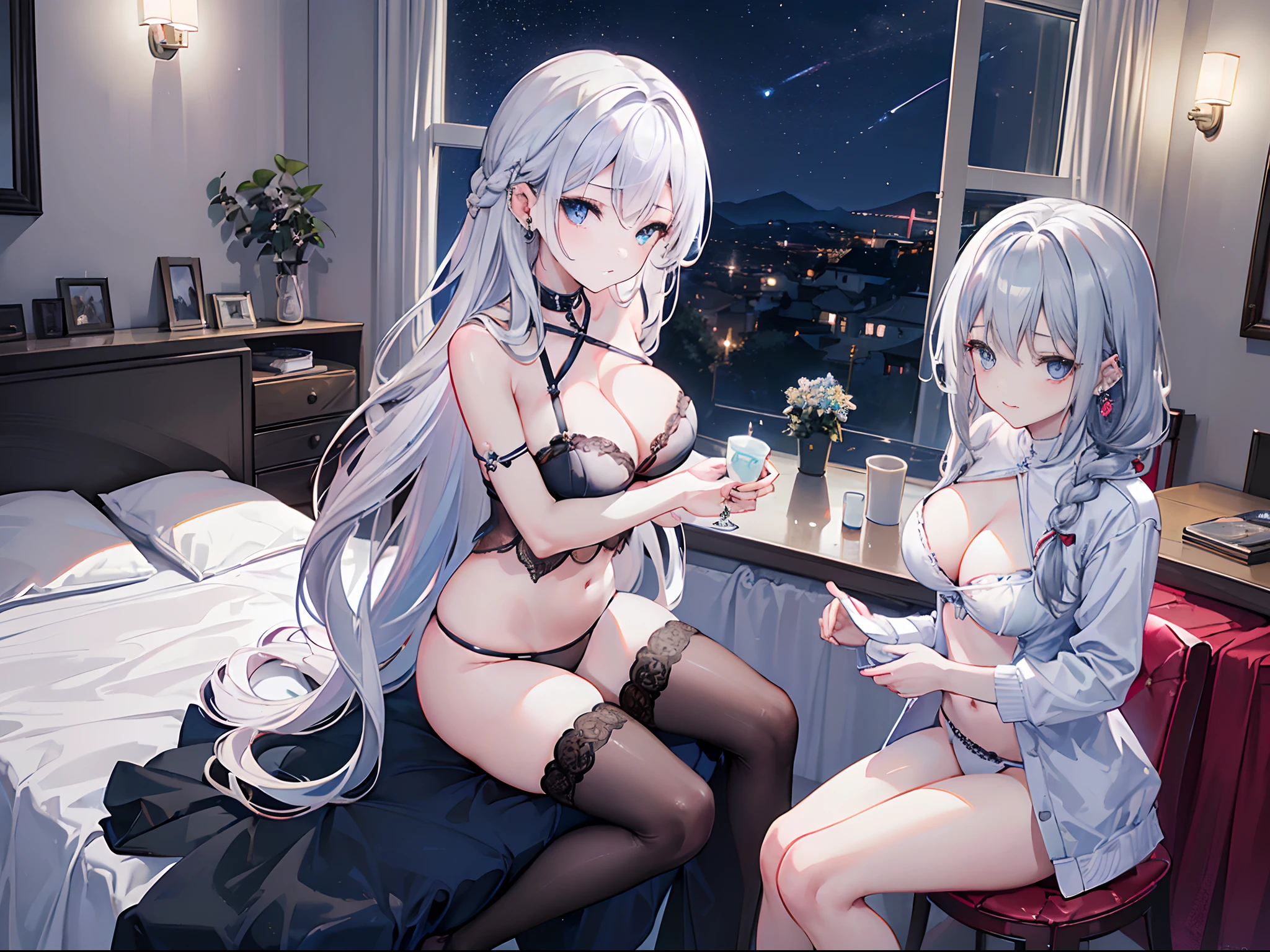 top-quality、highest image quality、10,master-piece、ultra-detail、Beautiful、It's beautiful.....、Girl with((age is 18 years old、Black Underwear:1.7、Bust 92、Silver hair highlights red, long braid left and right...、Blue Eyes、lens、breast cleavage、Happiness、sit on a chair:1.2、Cross leg:1.2、Ear piercing))、equality、visual art、Background with((Bedroom at night:1.6)) alone