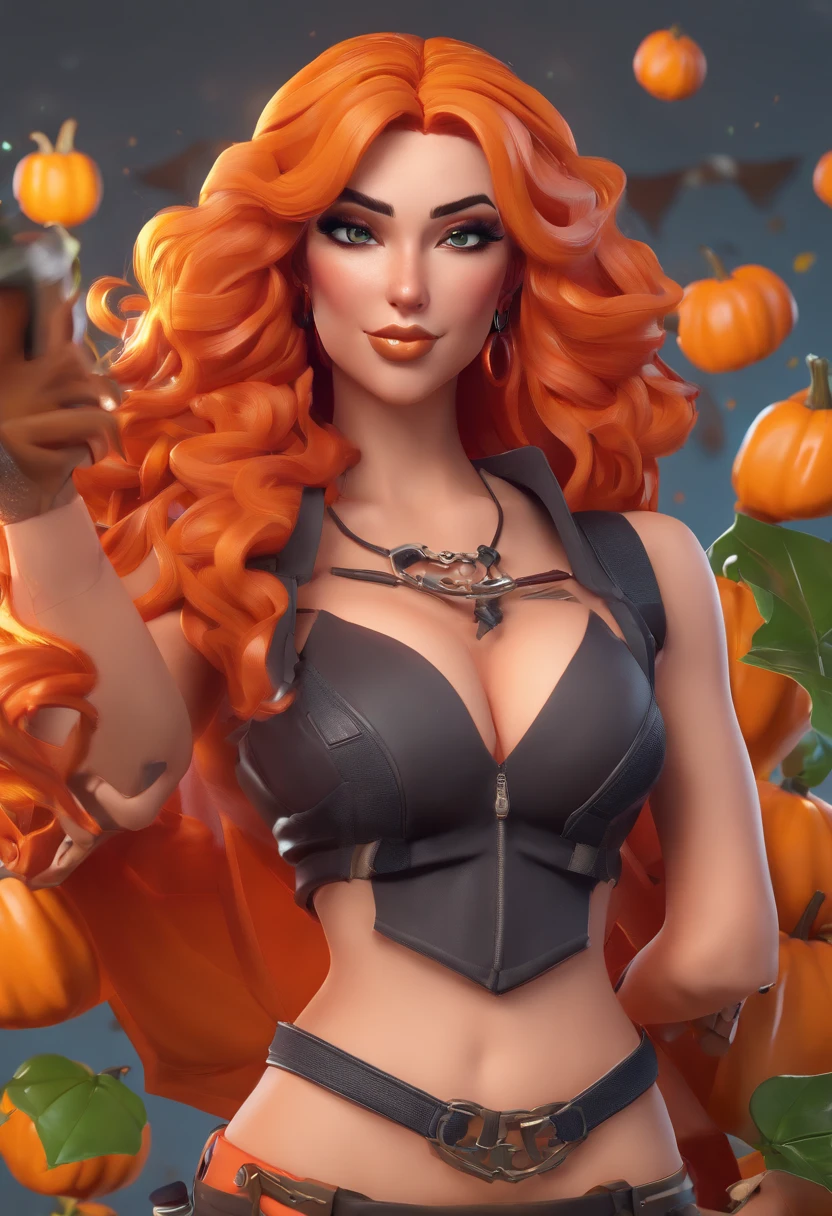 Sexy Fortnite character, long orange curly hair, devil horns and tail, vampire fangs, orange eyes, nose ring, lip ring, cheeks pierced, small breasts, curvy, rosy cheeks, black makeup, fall inspired outfit, leaves in hair, lots of tattoos, black mini skirt, pumpkin combat boots, bats all around, demonic pickaxe