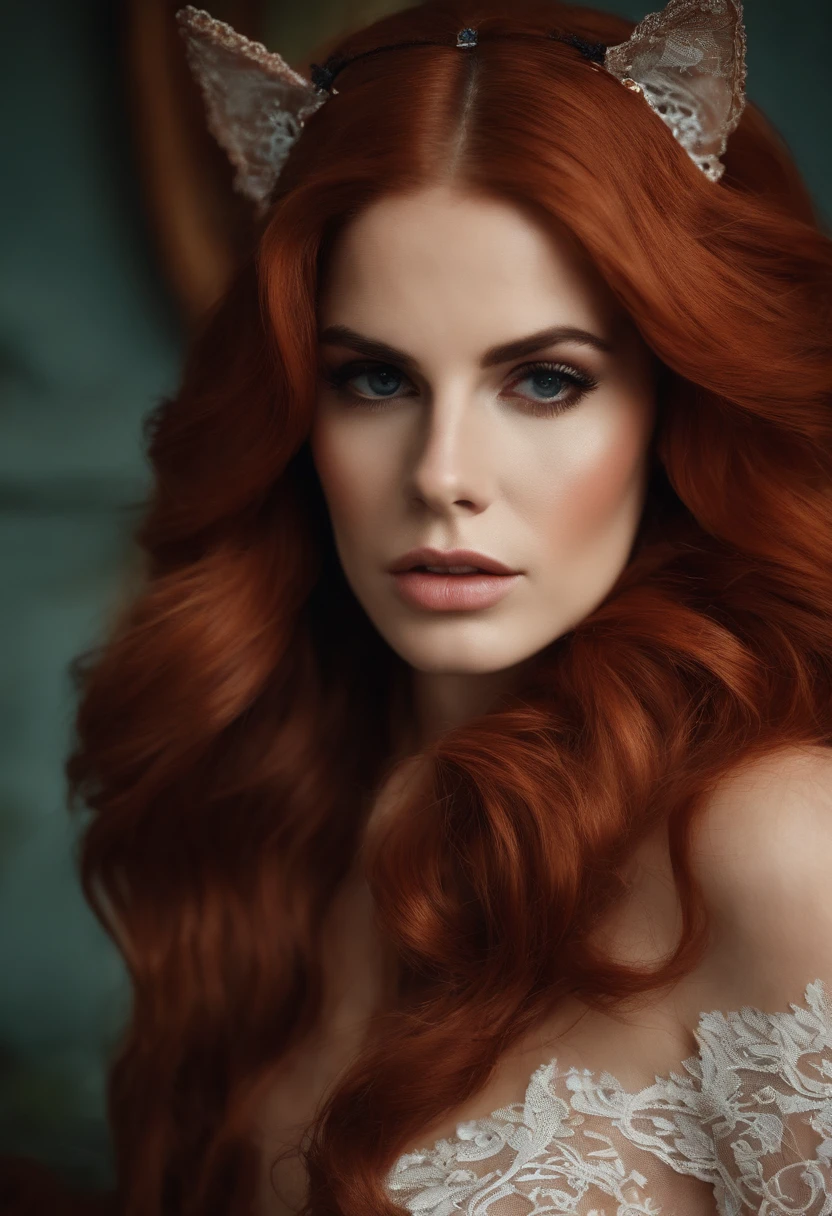 altamente detalhado, erotic seducer Lana Del Rey with lace cat ears, choro, (peituda, red hair), centrado no rosto, Face Focada, olhos intrincados,