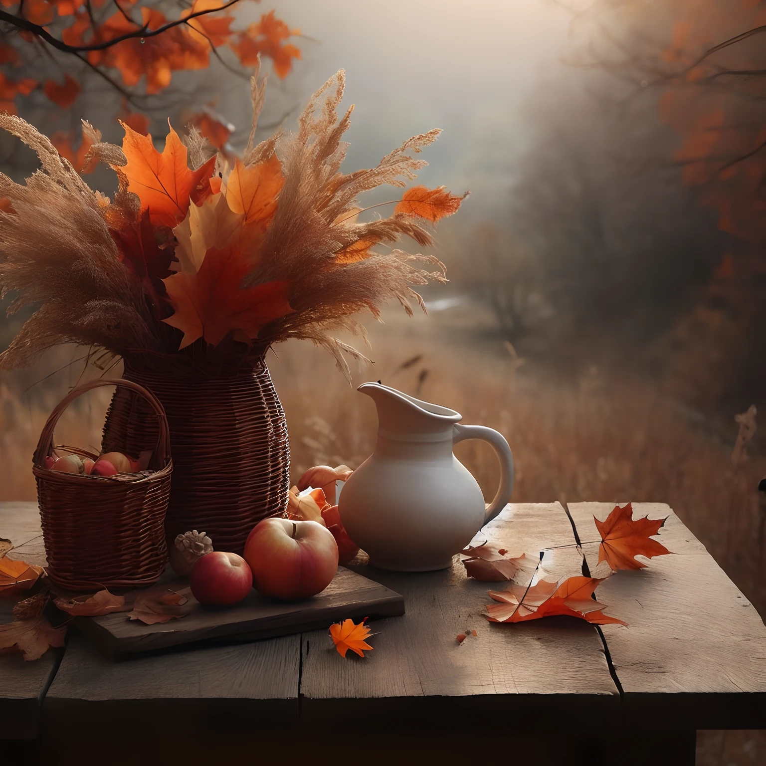 autumn still life on a wooden table, against the backdrop of an autumn landscape, beautiful, aesthetically pleasing, soft light, minimalist style