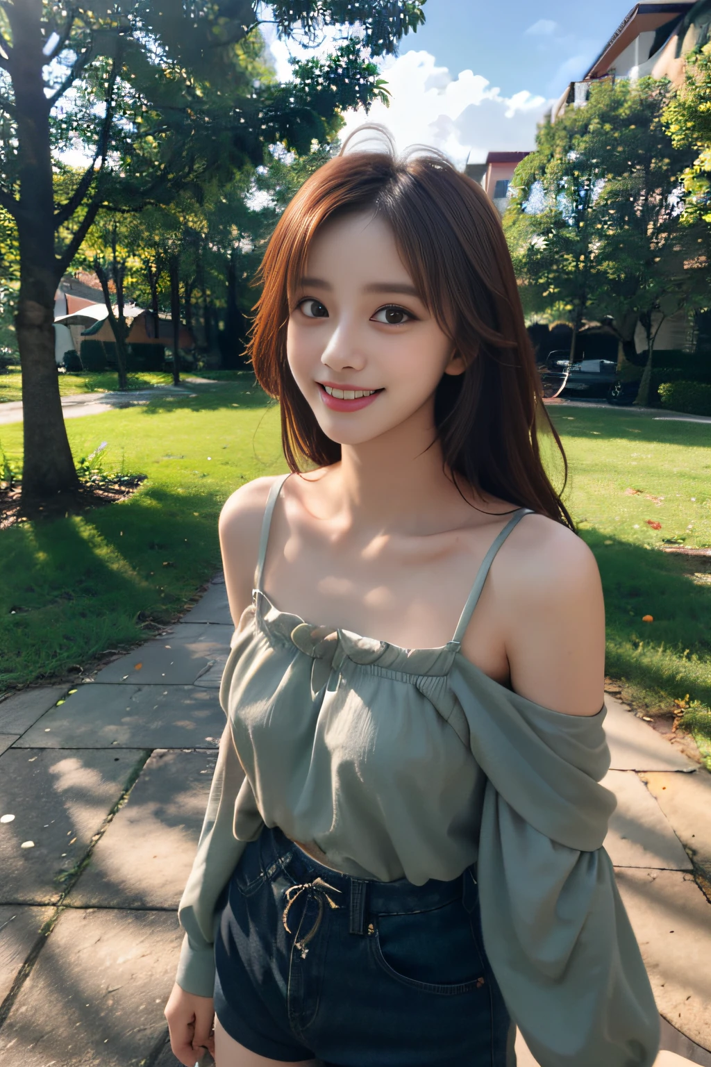 (alta qualidade, ultra-detalhado, fotorrealista: 1.37), Outdoors, Uma menina bonita, sorridente, adorable smile, red hair, olhos verdes, vestido com shorts pretos e camisa verde, bareshoulders, bra strap showing