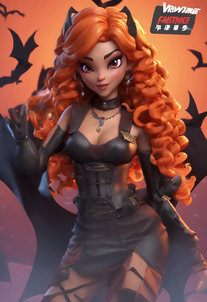 Seductive Fortnite character, long orange curly hair, vampire wings, vampire fangs, black corset, nose ring, bats all around, necklaces, black gloves