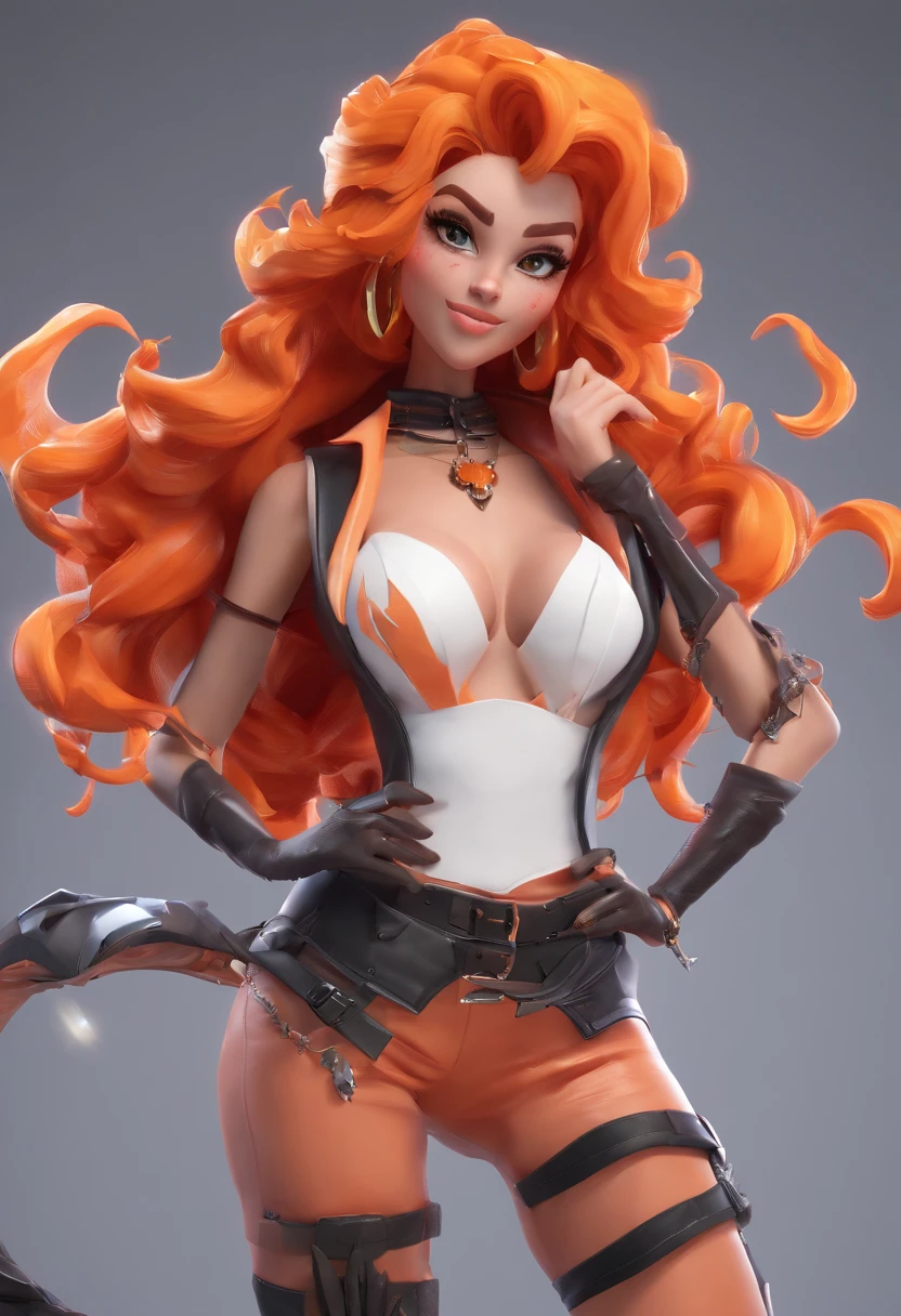 Seductive Fortnite character, long orange curly hair, vampire wings, vampire fangs, black corset, nose ring, bats all around, necklaces, black gloves