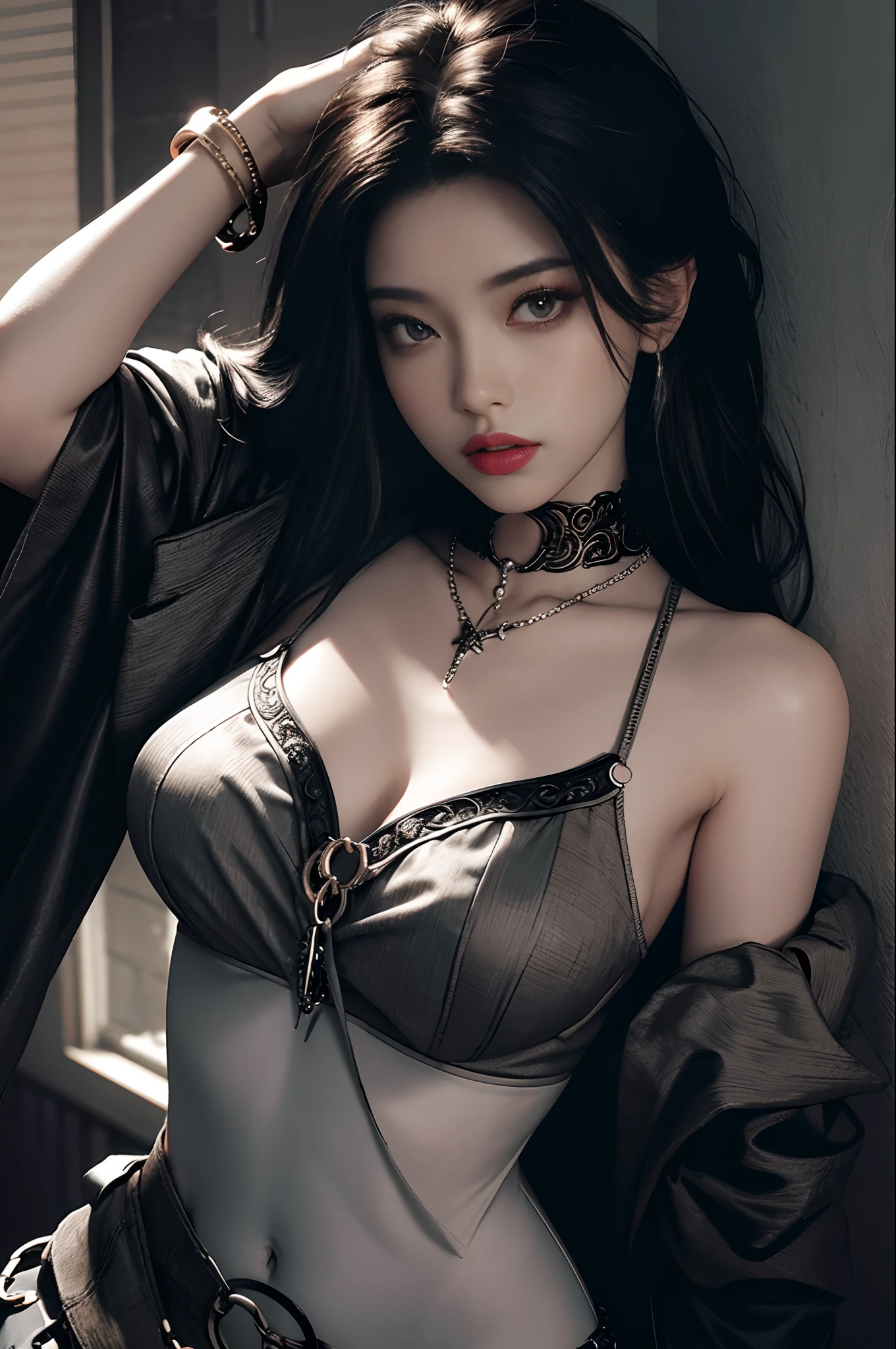 igirl,Upper body,necklace,jewelry,Chest chain,cropped shoulders,Chain-covered chest,Body chain,Pedras preciosas,, Best quality,Masterpiece,(photograph realistic),