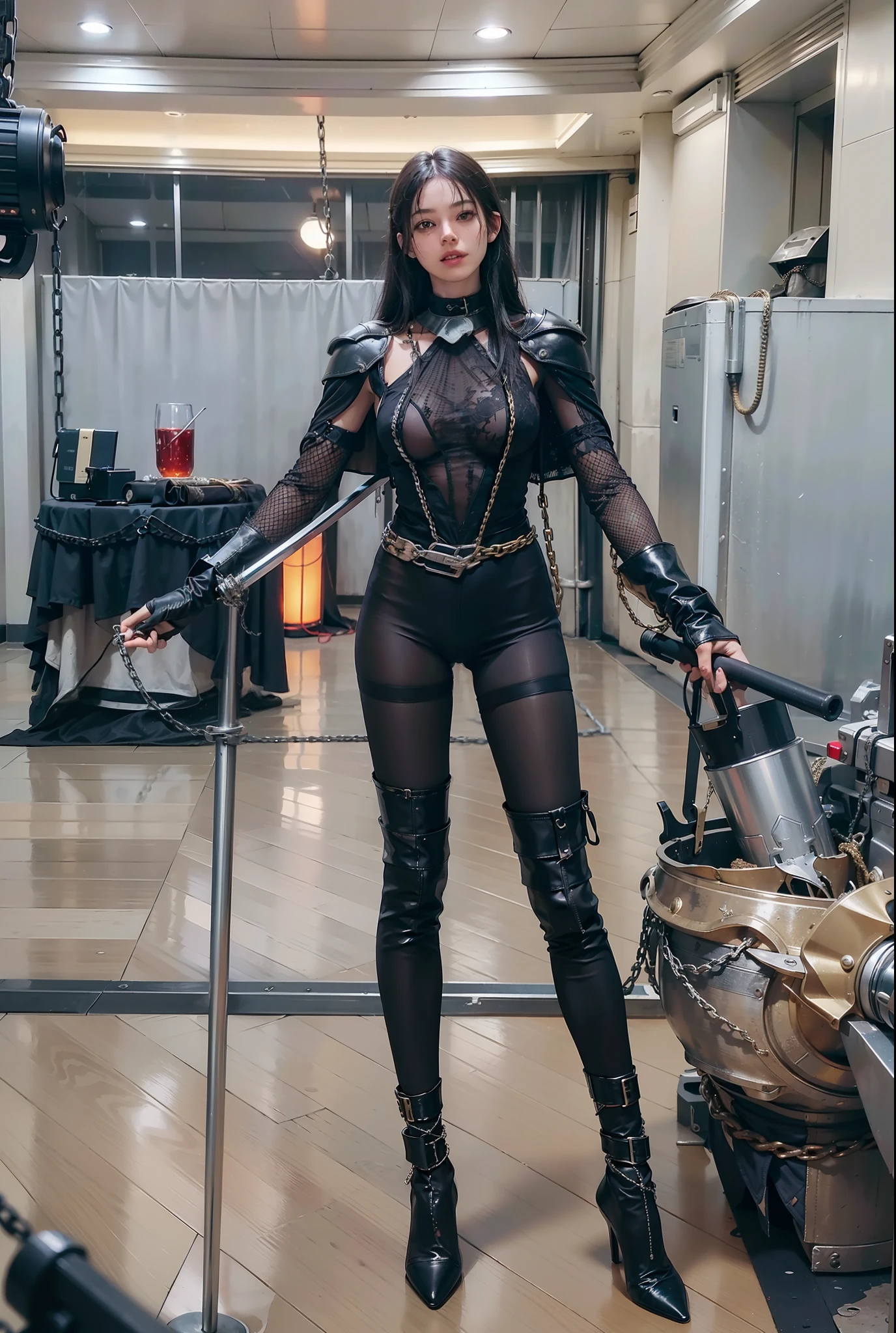 ,((Wearing a torn sheer costume of a superheroine)),(, No bra)), Wet crotch, Wet thighs, Beautiful girl with accentuated slender abs: 1.4, (((nipple tips protruding, areola is protruding, The shape of the pubic region is clearly visible)), sixpack abs: 1.4, Bust Botox, Photo, Sharpness, Unique 850 4, Koda850 k portrait camera, F1.6 shots, Ultra-realistic textures, Spectacular light textures, Cinestil 800 Fashion Mechanics, (futuristic sci-fi battle fashion: 1.1), (tied perfectly by chain), Restraint, Slaves, collars, ((wide prison with sunlight)), Dark fantasy, Realistic material details, extreme hight detail, Ultra-realistic materials ((Torn costume))), Wet, Cloudy, (Chained)), ((big emphasized by chains)), ((chains digging into crotch)), ( (Collar)), (, No bra), shredded costumes, broken golden shields and battle spears,, White combat gloves, Combat shoulder armor, Blood splattered on the face, Blood splattered, Realistic, (Bruises, Dirty, ripped clothing, skimpy clothing, Blood: 1.3), Torn Cape, Torn pantyhose, Long legs, ((iron pipe in the crotch)), Metallic shackles and fetters, ((chains hung from heaven)), Wet crotch is clearly visible, Swarovski's sword and the anatomy beneath his feet, (futuristic sci-fi battle fashion, Torn mesh stockings),