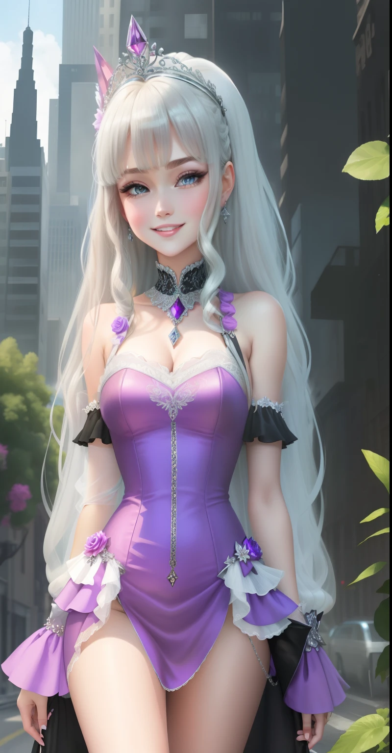 ((A towering Giantess)) She seems to be casually strolling through the bustling cityscape ((Bending over)) is an insanely besutiful goddess ((smiling)) the wind catches her blonde curly long hair covers one side of her blue eyes with pink highlights, glossy pink lips, purple crystal tiara with floral diamond, silver rings bedecker her slender, pale hands, wearing a fittish elegant white off shoulder gown, with transparent silver lace and a diamond covered corset covers her waist, black straps hangs over her hips. Attached to the straps is a black leather bag