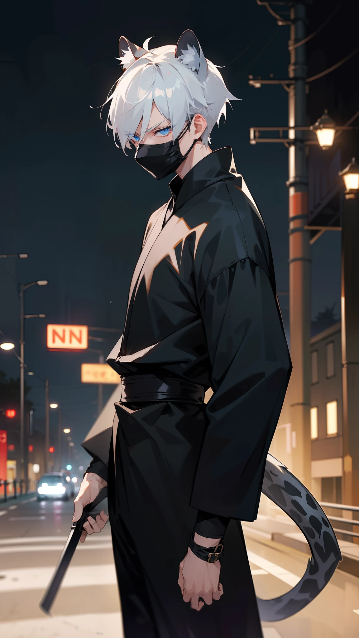 1boy,20s,blue eyes,solo,short hair,(black leopard tail),white hair,1white leopard ears,((black mask)),(black ninja outfit),(standing in a road in night city),night,cowboy shot,