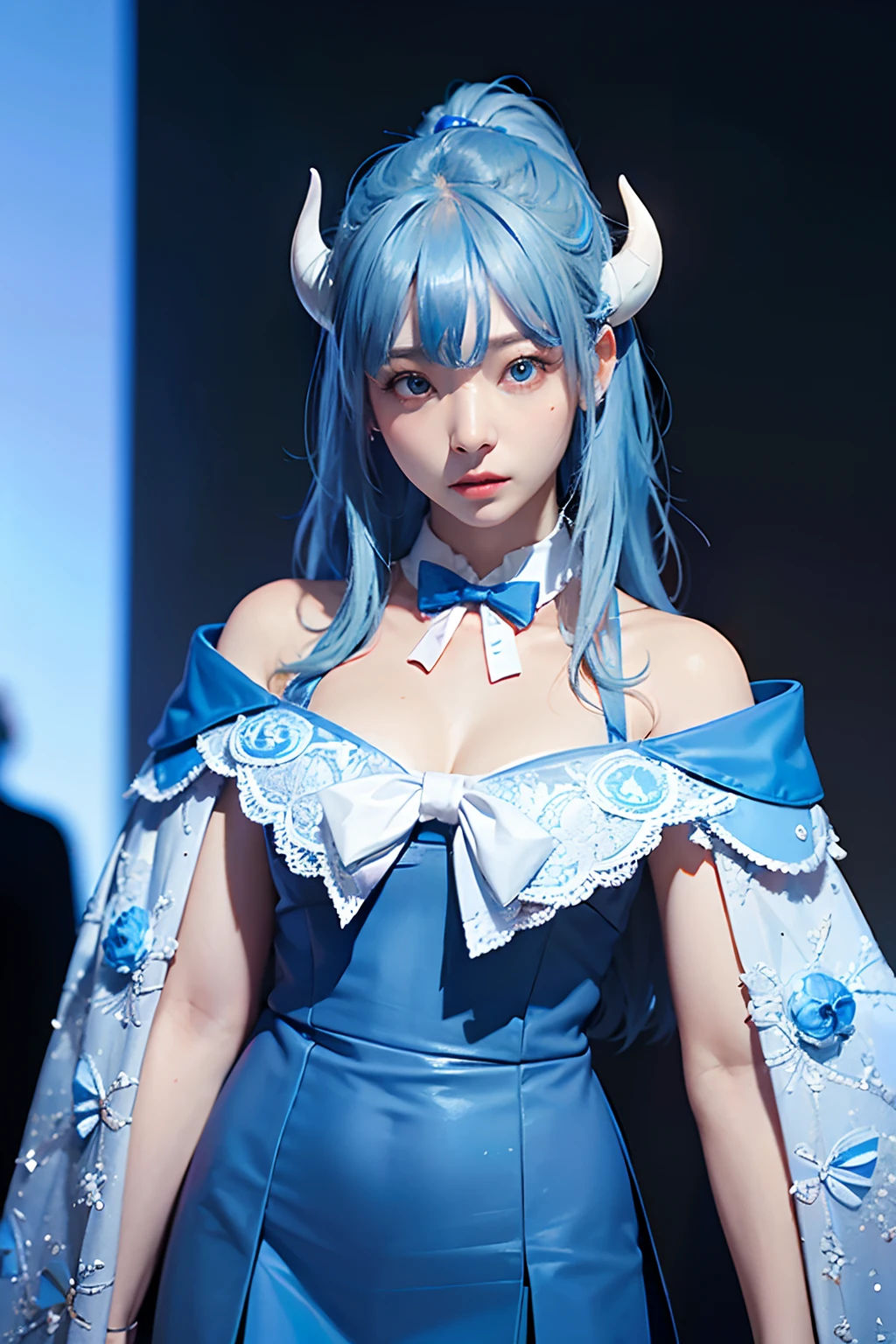 (masterpiece:1.2), (photorealistic:1.2), (best quality),((realistic:1.3)), (detailed skin:1.3), (intricate details), dramatic, ray tracing,finely detailed, quality,realistic lighting,large breasts,1girl,pekora usada, animal ears, blue hair, braid, carrot hair ornament, food-themed hair ornament, hair ornament, multicolored hair, (red eyes:1.5), rabbit ears, twin braids, twintails, two-tone hair, , strapless, strapless dress, (white dress:1.5), black gloves, black pantyhose, bow, bridal garter, detached sleeves, dress, fur scarf, fur trim, fur-trimmed dress, fur-trimmed gloves, gloves, pantyhose, puffy detached sleeves, puffy sleeves, red bow,cowboy shot,smile,looking at viewer,(outdoors,dynamic pose) <lora:epi_noiseoffset2:0.8> <lora:more_details:0.8> <lora:pekorausada-lora-nochekaiser:1>