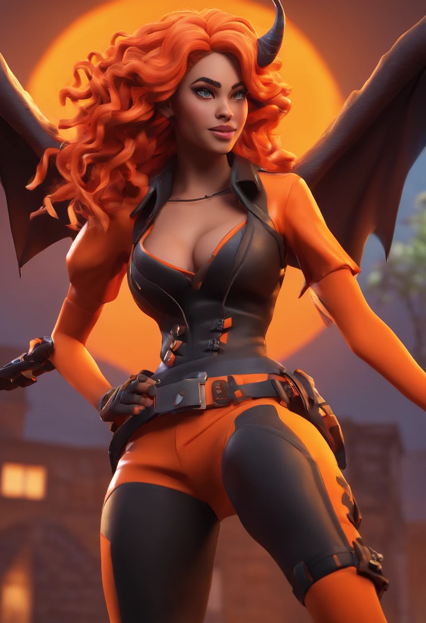 Fortnite style character, long orange curly hair, demon wings, vampire fangs, black corset, nose ring, bats on shirt, combat boots, orange tights