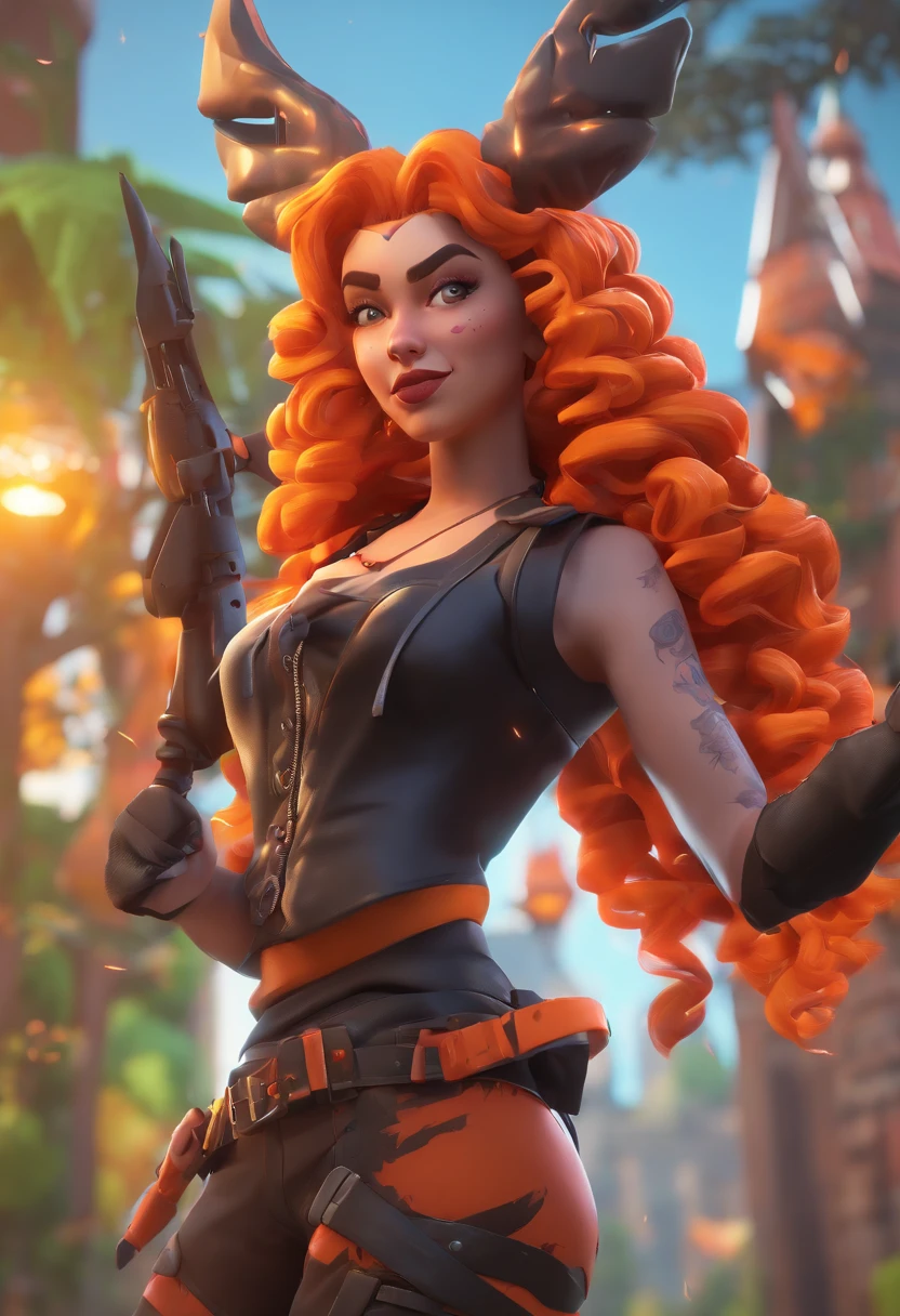 Fortnite style character, long orange curly hair, demon wings, vampire fangs, black corset, nose ring, bats on shirt, combat boots, orange tights