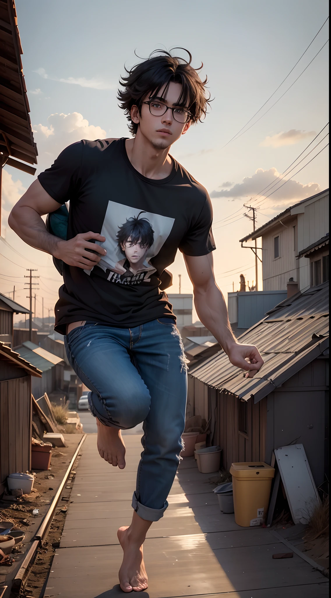 1 man 19 years old, black hair, messy hair, shaggy hair style, shoulder-length hair, bespectacled, hair over one eye, purple eyes, wearing black t-shirt, wearing long jeans, bare feet, from the front, front view, hold the laptop tightly with both hands, sliding on the corrugated iron roof, both legs contract, grounding, prepare to land, eyes looking down, slightly bent down, slightly at the back, grind teeth, clenched teeth, bared teeth, falling, jumping, he jumped in the air, he is floating in the air, jump, dramatic action photography, full body, full character, feet on the ground, left hand resting on the floor, face looking forward, the roof is made of corrugated iron, rooftop, above the alley, power poles, window on the far side, late afternoon, are on the 2nd floor, sky, dynamic low angle shooting, extremely detailed, best graphics, 8k, ultrasharp, masterpiece