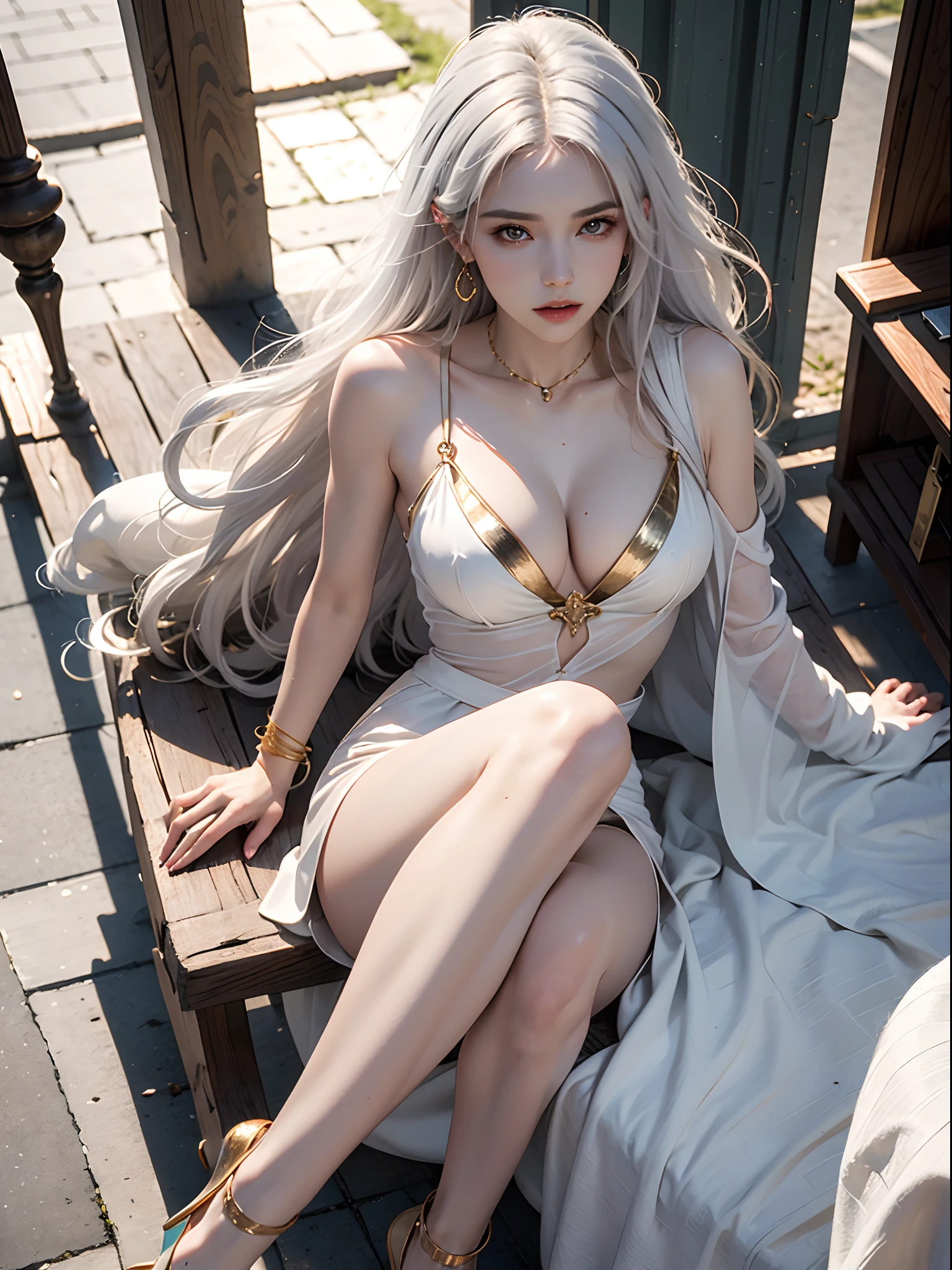 (Extremely detailed+Ultra-realistic) esoteric+Gypsy Sorceress Casting Tarot Cards、Angle from above the knee、Breasts are small and B size、A slender、Cleavage is visible。legs are thin and beautiful,the skin is white and transparent,Hair is shortcuts and shortcuts、Gradient Color、high-heels、Gold Anklet、