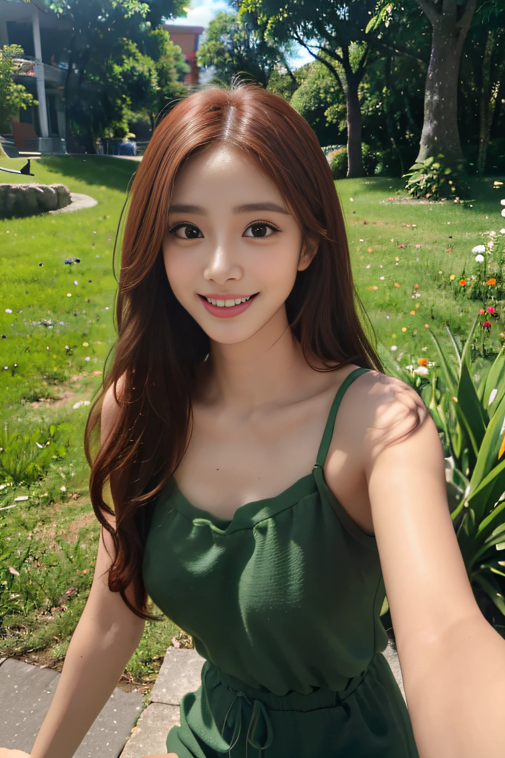 (alta qualidade, ultra-detalhado, fotorrealista: 1.37), Outdoors, Uma bonita, sorridente, adorable smile, red hair, olhos verdes, vestido com shorts pretos e camisa verde, bareshoulders, bra strap showing