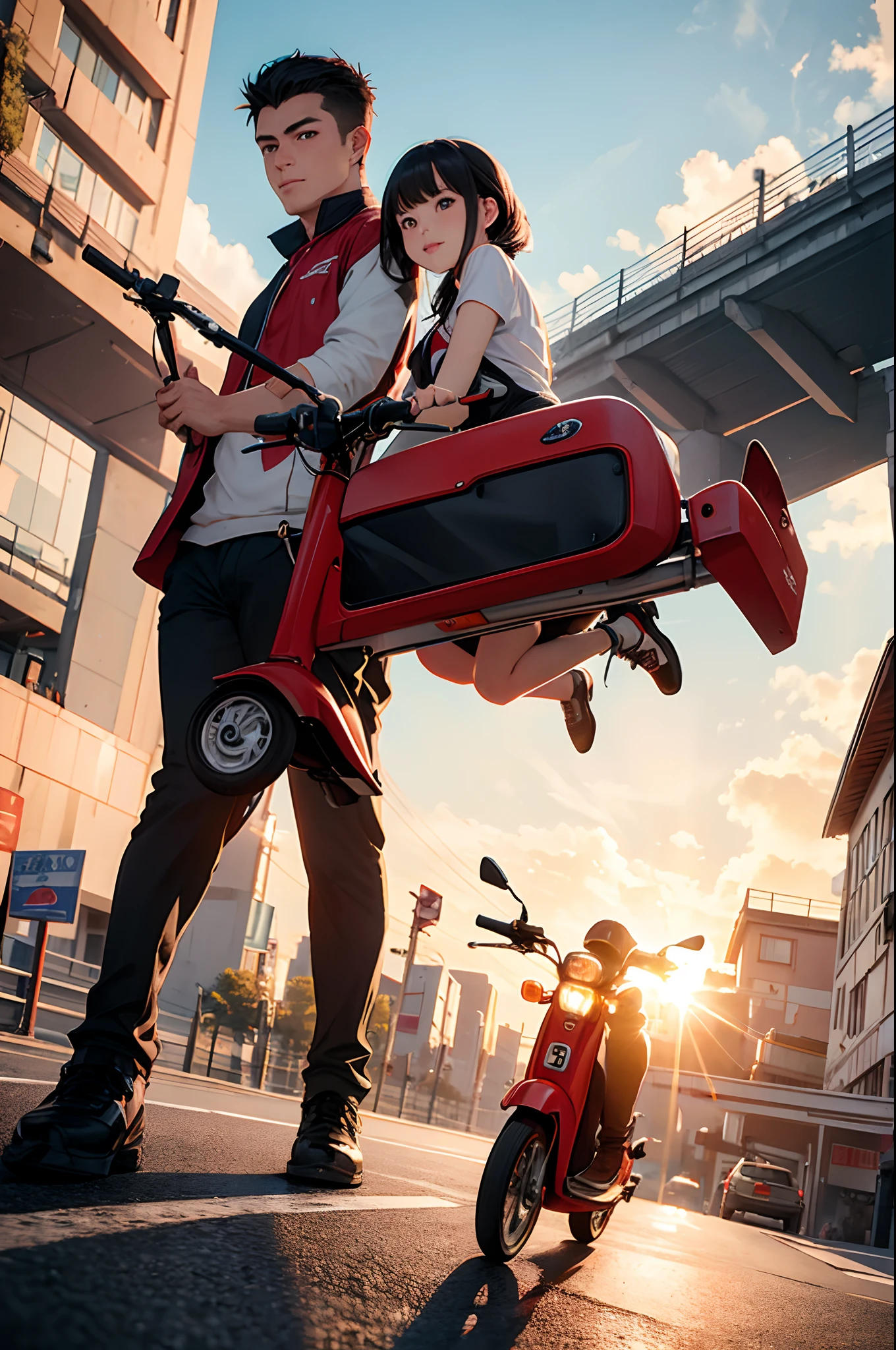 Radko, a handsome Slovak boy, and Jenny, a lovely Taiwanese girl, are riding their red scooters towards the setting sun. The whole scenery is very beautiful. Make this a powerful picture as a symbol of freedom.