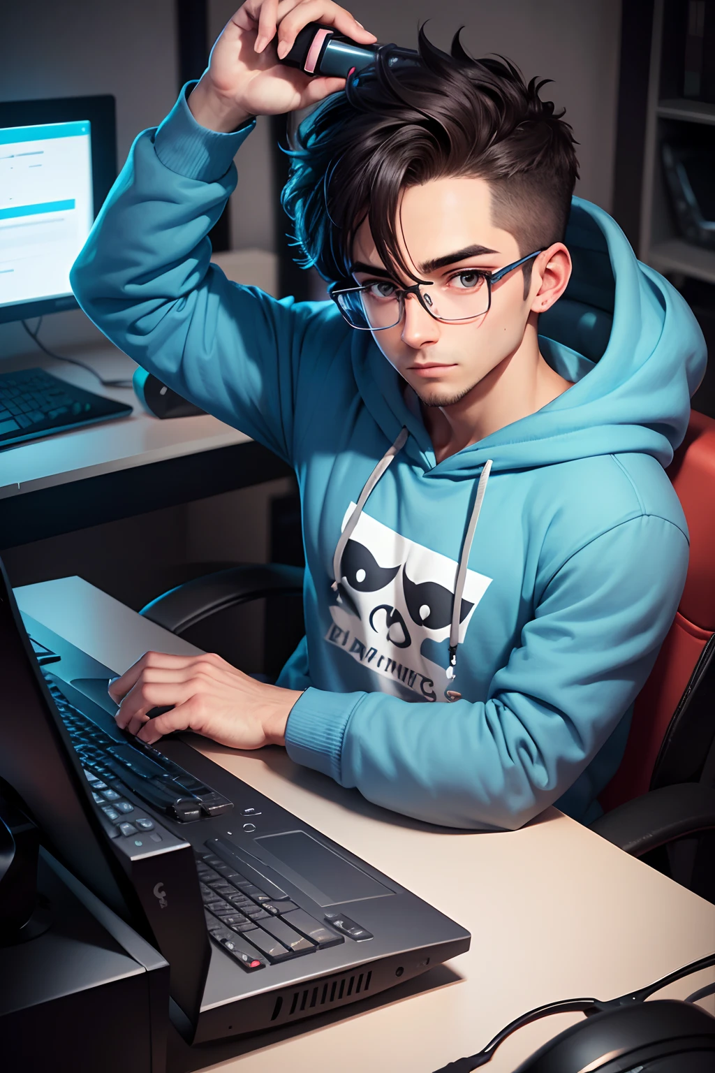 create me a male programmer with hoodie on and glasses in front of the pc cartoony style
