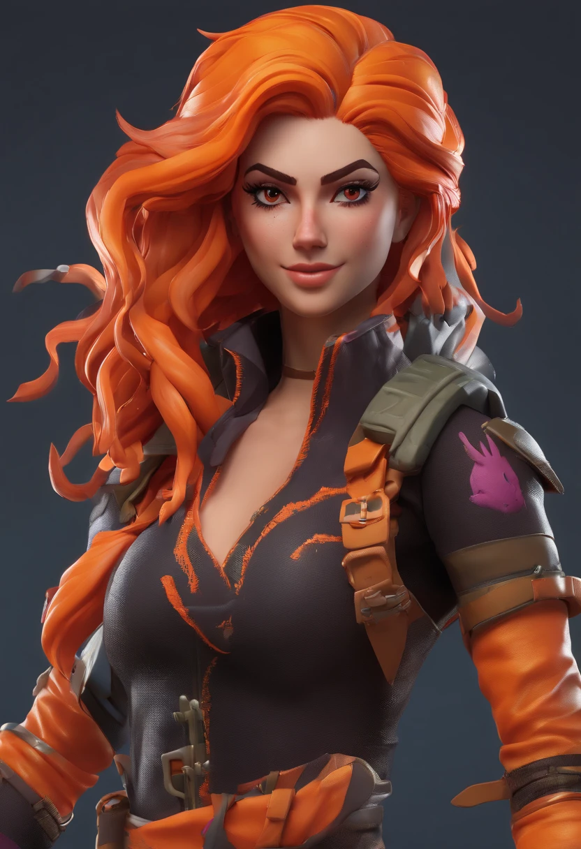 Fortnite style character, long orange curly hair, black eyes, strong jaw, demon wings, vampire fangs, black corset, nose ring, bats on shirt, combat boots, orange tights, demon sword