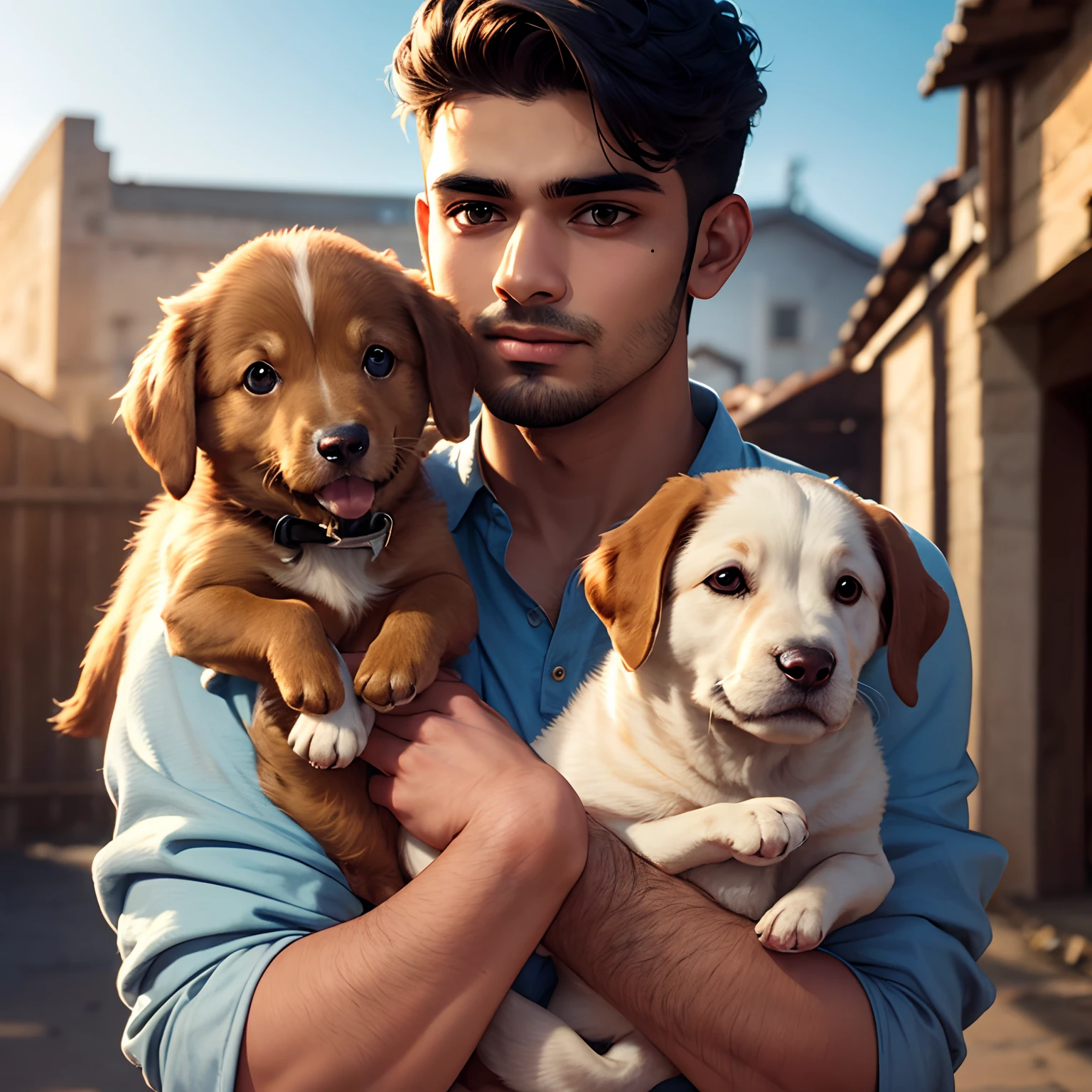 handsome 25 year old,beard face shape, Indian young man holding a small brown puppy, daytime, joy, cinematic lighting, realistic image, 1080p