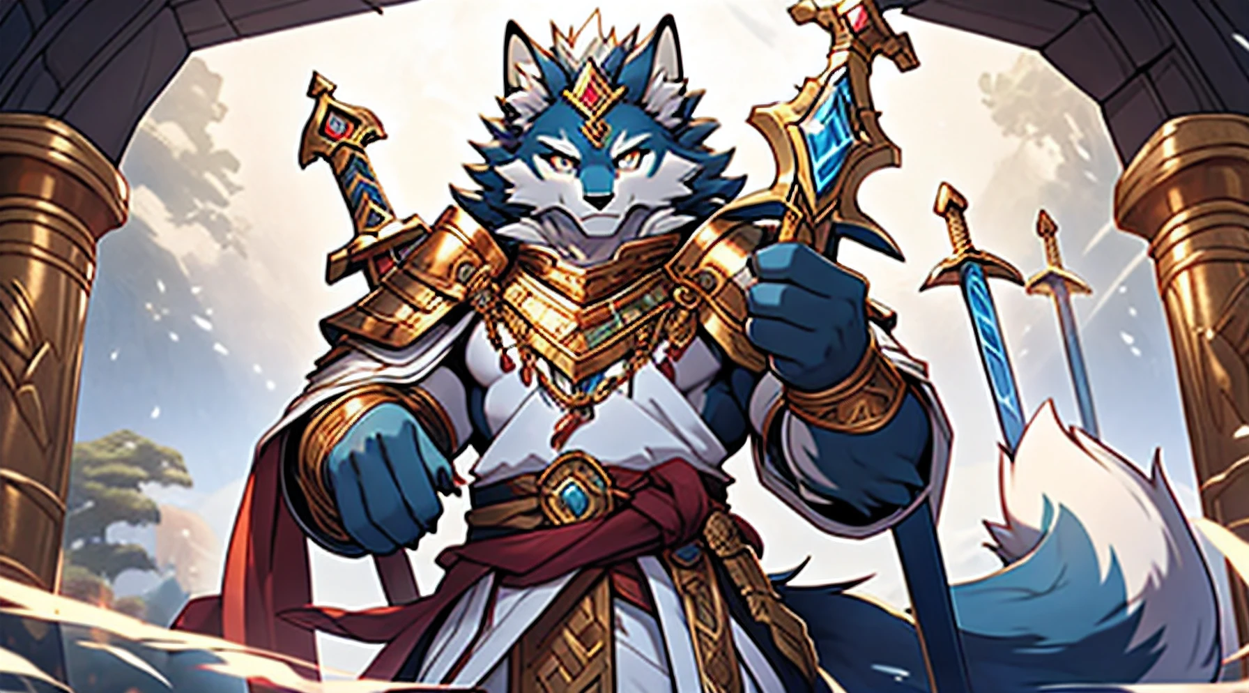 Master masterpieces，Western art，Furry art！！！，male people，musculature，Standard stature，anthropomorphic fox，Arctic Fox Orc，Fluffy hair，Pure white fur，delicated face，Elaborate Eyes，gold eyes，White armor，White clothing，A small amount of gold decoration，Gold eye ornaments，White holy sword in hand，depth of fields，perfect litthing，light particules，（best qualtiy），（tmasterpiece），（hyper-detailing），Sharp focus，light particules，relic，commission for high resolution，fluffy body