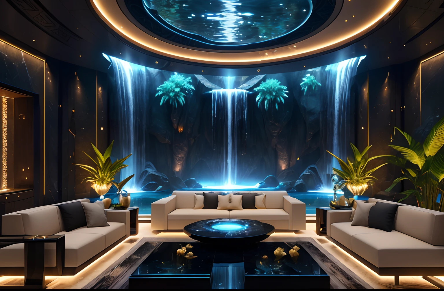 incredible luxurious futuristic living room interior in Ancient Egyptian style with many lush plants (lotus flowers:1.5, palm trees:2, rocky walls, sand:1.5, waterfalls:1.1), marble, precious minerals: 2, metals, gemstones, crystals, clouds and (water:1.6), ((futuristic luxury furniture)), crocodiles, hieroglyphics:1.5, ultra luxury:2, black marble – with beautiful lights:1.5, Unreal Engine, HQ, 16k