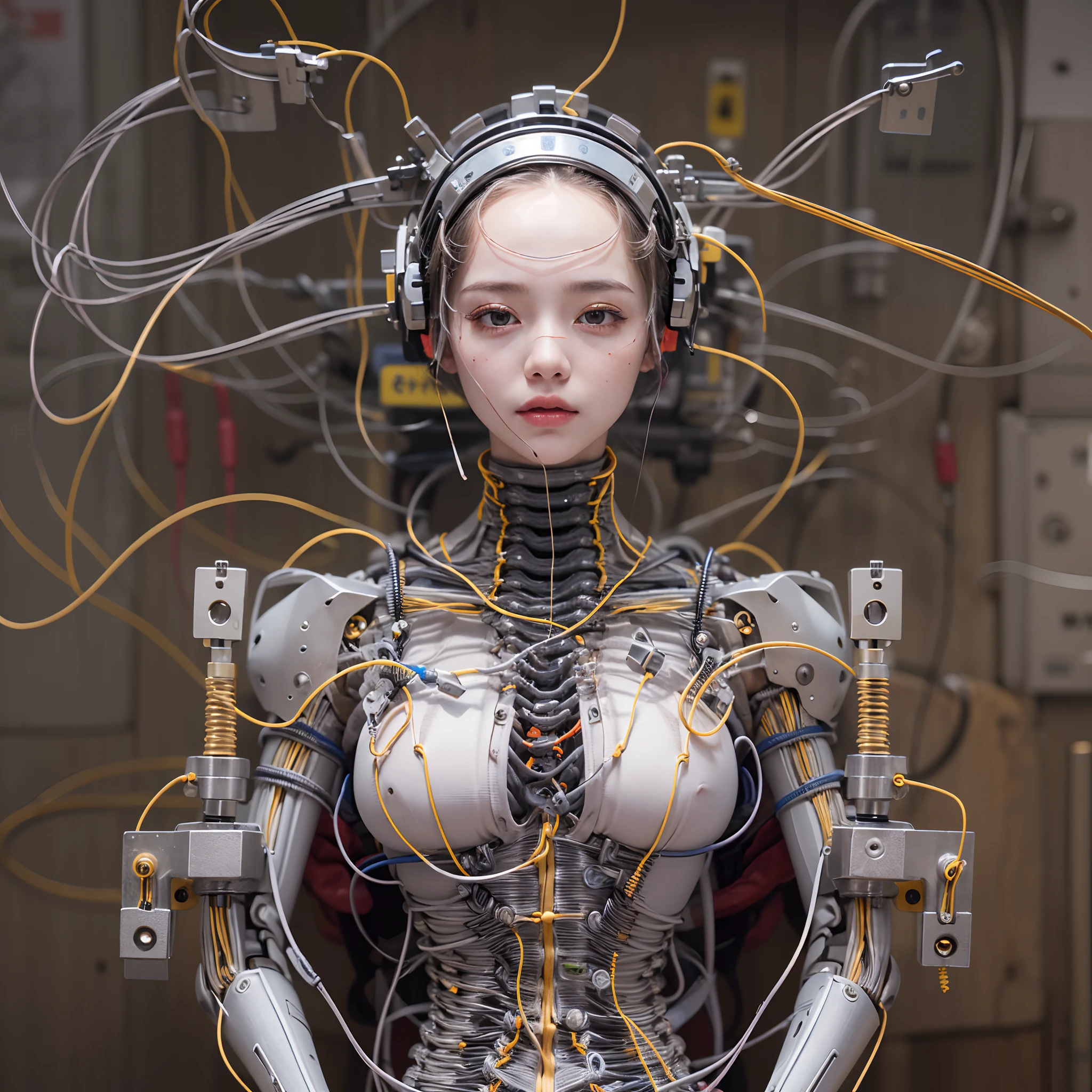 (((Masterpiece))), (((Best quality))), ((Ultra-detailed)), (Highly detailed CG illustration), ((An extremely delicate and beautiful)),(cute delicate face),Cinematic light,((1机械女孩)),Solo,full bodyesbian,(machine made joints:1.4),((Mechanical limb)),(blood vessels attached to the tube),((Mechanical vertebrae attached to the back)),((mechanical cervial attaching to neck)),((Sitting)),Expressionless,(wires and cables attached to head and body:1.5),(Character focus),Science fiction