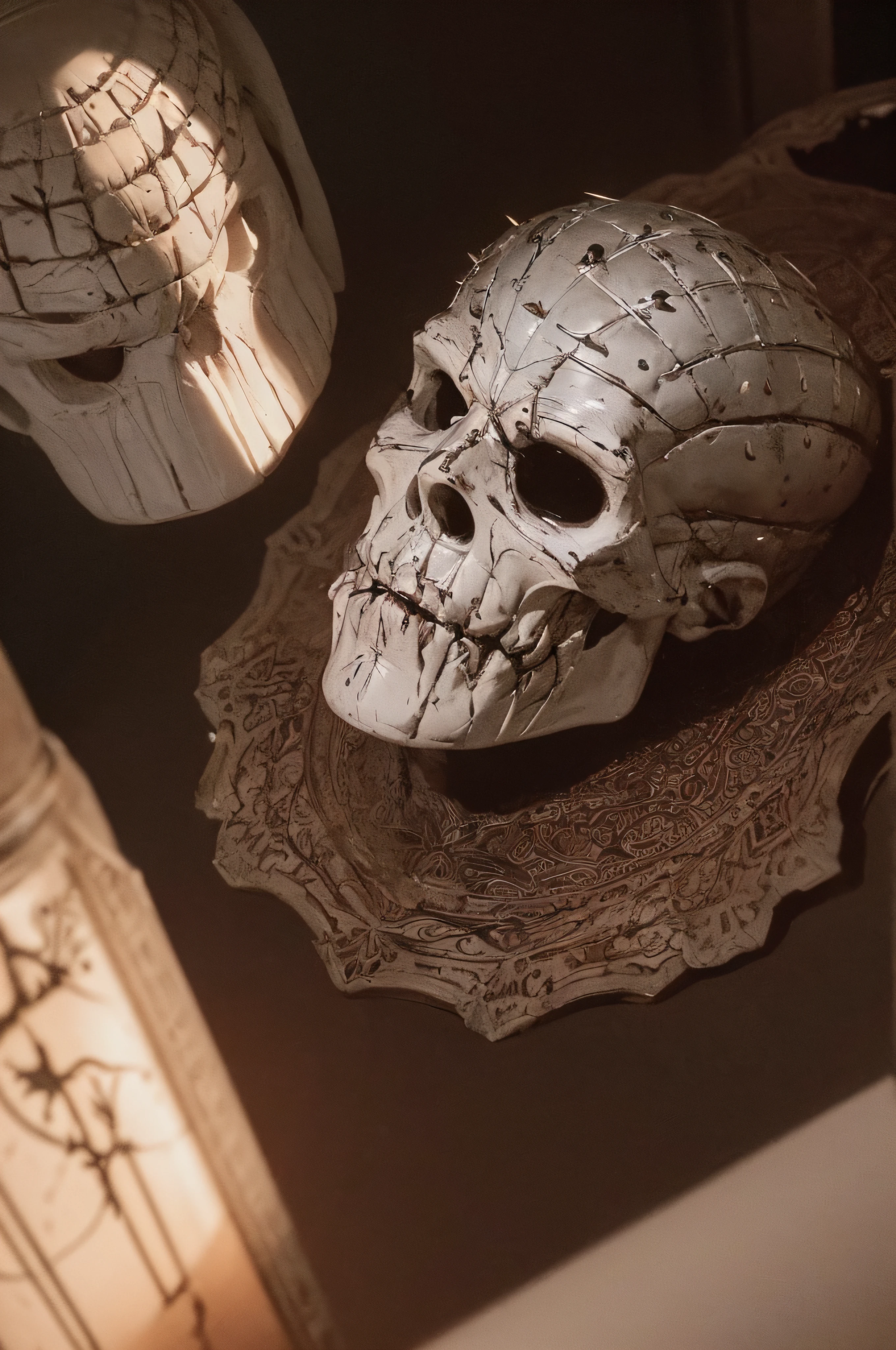 Create a hyper-realistic 4K image of a stylized bone trombone. The trombone should feature intricate carvings and patterns reminiscent of ancient tribal designs. The bone texture should be highly detailed, showing natural wear and age. The sliding sections and other moving parts are adorned with worn leather strips and rustic embellishments. Place the trombone against a backdrop of dark, weathered wood to enhance its ancient, mystical appearance. Use soft, ambient lighting to highlight the carvings and texture of the bone.
