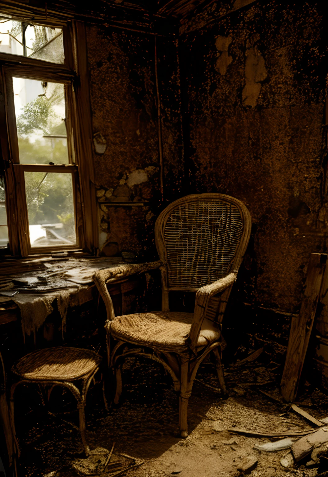 A Caucasian woman sitting on a wicker chair in an abandoned house、Full body like