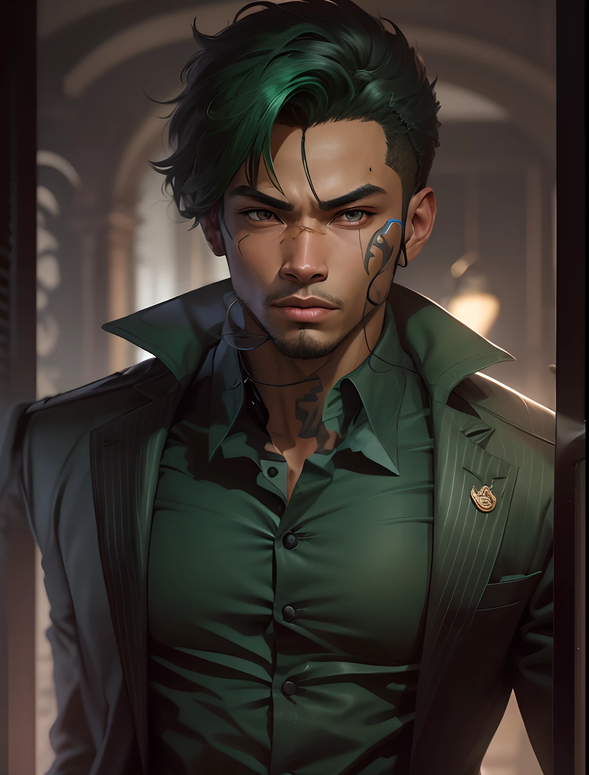 a close up of a dark skin person wearing a formal shirt with pinstripe pants and black boots, while sporting a pair of brass knuckles and a burgundy jacket with skull insignias adorning the arms and a fur collar. This creates the visage of a high-class gangster. , African American character in tekken, dark green eyes, undercut hairstyle, half body close-up shot, male character, single character full body, full body shot hyperdetailed, style of mirror\'s edge, kentaro miura style, half body render,, highly detailed half body, half body portrait shot