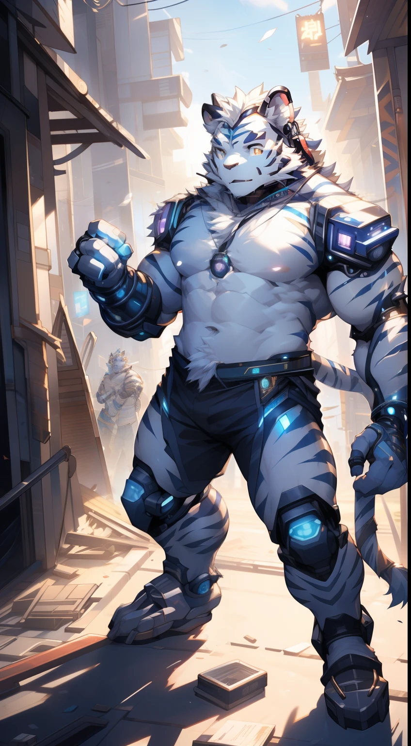 (by null-ghost, by thebigslick, By Darkgem, by Honovy), Kogenta (Onmyoji Oyamaji Temple), high-definition photograph, Perfect anatomy, Anthropomorphic white tiger, male people, 20yr old, Thick eyebrows, Light blue stripes, Strong body, large pecs, Bare topless, Mechanical legs, which stands on the street, one arm raised, Bluetooth headset, Mysterious Expression, Golden pupils, Look up at the audience, Clear facial features, Strong, Solo, top views, Full body photo, street Tokyo, Noisy environment, neonlight, Broken urban buildings, (cyber punk perssonage:1.4)