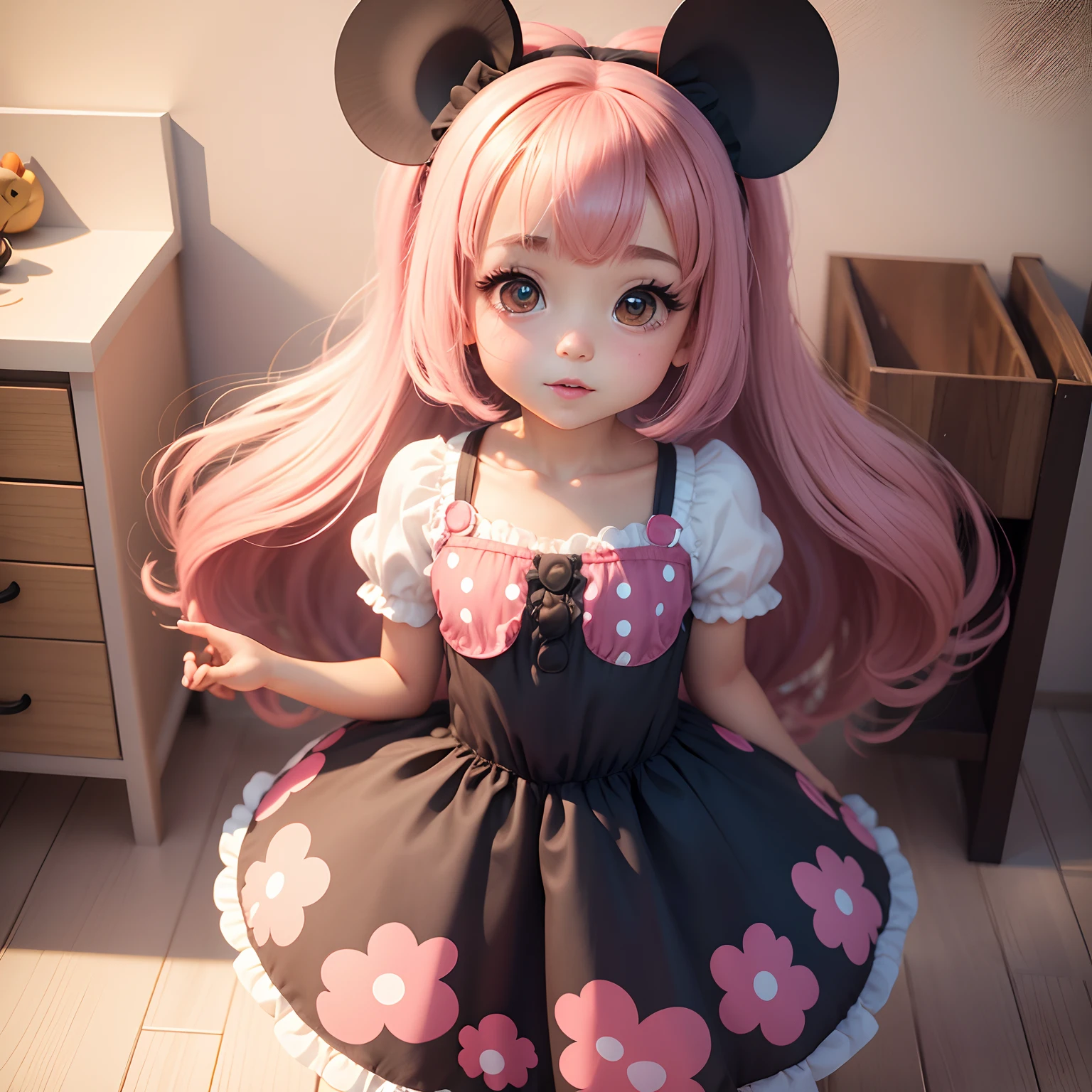 cute, estilo Chibi, cuteexpression, vestido rosa, cabelos longos orelhas da Minnie Mouse, desenho 3D, corpo inteiro, linda, olhos brilhantes