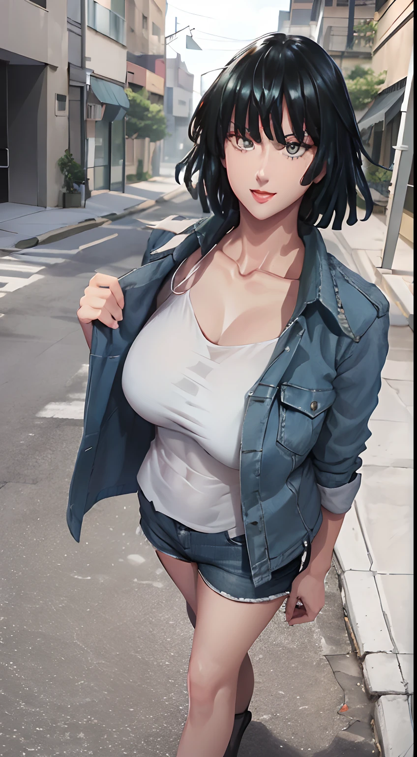 1girl, short black hair, blue eyes, bare chest, small chest, showing boobs, nude, wearing denim short, city, absurdres, high res, ultrasharp, 8K, masterpiece, looking at viewer
