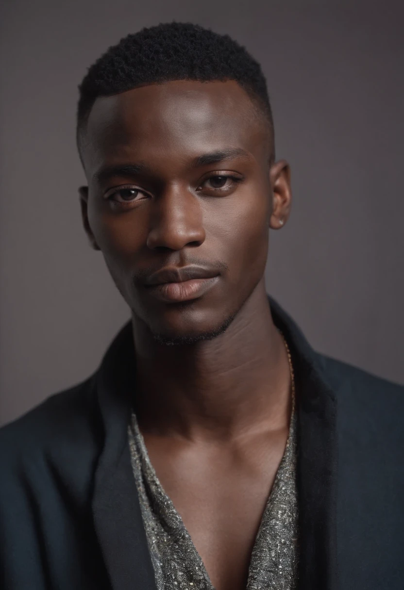 jeune homme noir africain, wearing modern clothes of singer of the good drip, studio photo, Very realistic abstract background, fantastic, Shot with a professional camera with moderate depth of field