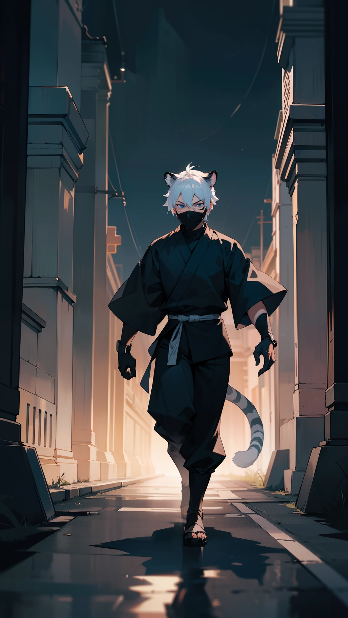 1boy,20s,blue eyes,solo,short hair,(tiger tail),white hair,white tiger ears,((black mask)),(black ninja outfit),(walking in a road in night city),night,