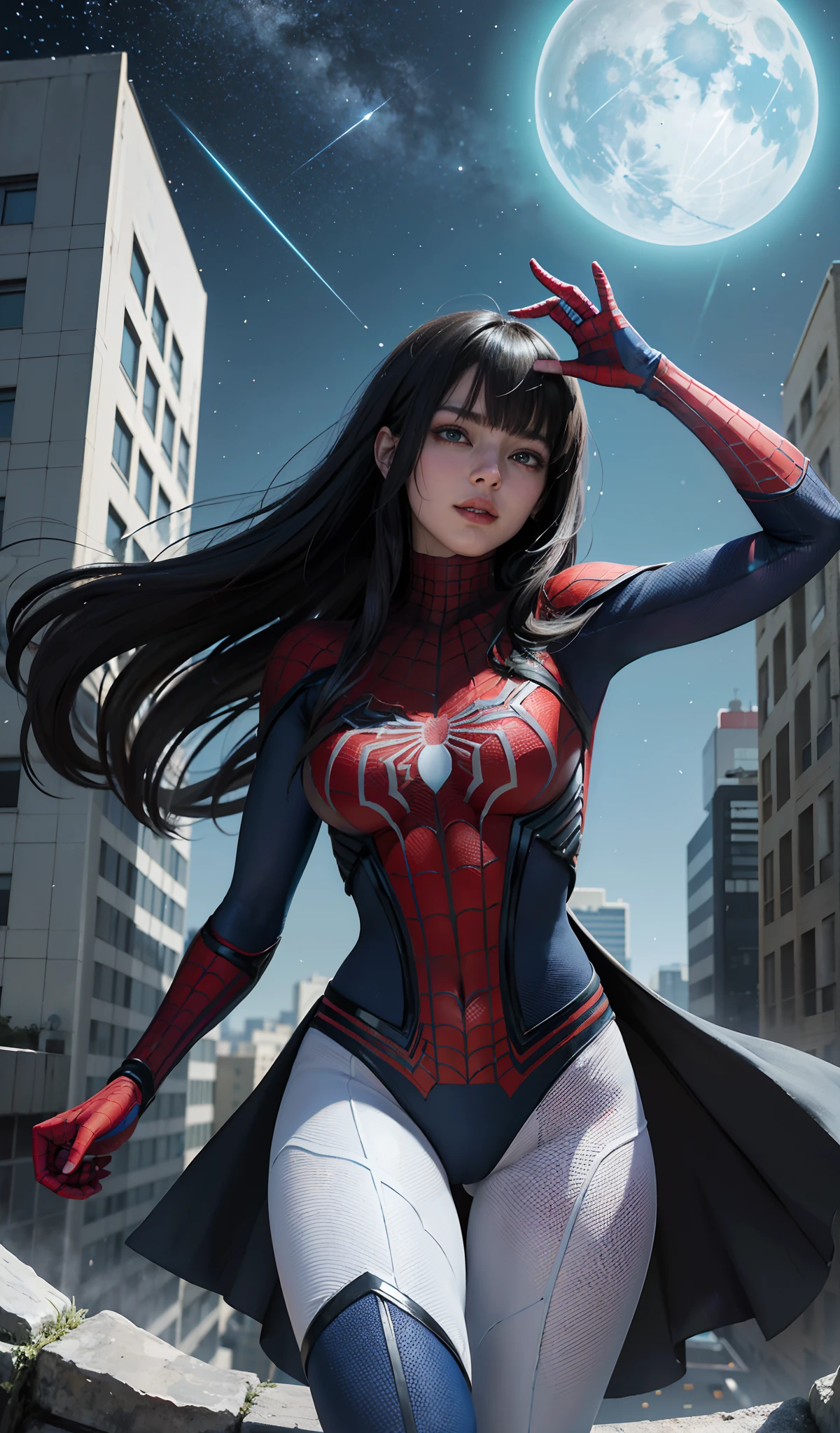 (Obra maestra, 4k-resolution, ultra realista, muy detallada), (White superhero theme, carismatic, hay una chica en la parte superior de la ciudad, vestida con el disfraz de dark magician girl, is a superhero), [ ((20 year), (cabello largo y Rubio: 1.2), cuerpo completo, (ojos azules: 1.2), ((pose de Spider-Man), show of force, saltar de un edificio a otro), ((entorno urbano arenoso): 0.8)| (paisaje urbano, por la noche, dinamic lights), (luna llena))] # Explanation: The Prompt primarily describes an ultra-high-definition 4K painting, muy realista, muy detallada. It shows a superheroine at the top of the city, vestida con un disfraz de dark magician girl. The theme in the painting is a white superhero theme, la protagonista femenina tiene el pelo largo y Rubio, He is 20 years old and his whole body is shown in the painting. In terms of portraying the actions of female superheroes, se emplean magias. Dark magician girl sexy super hero,