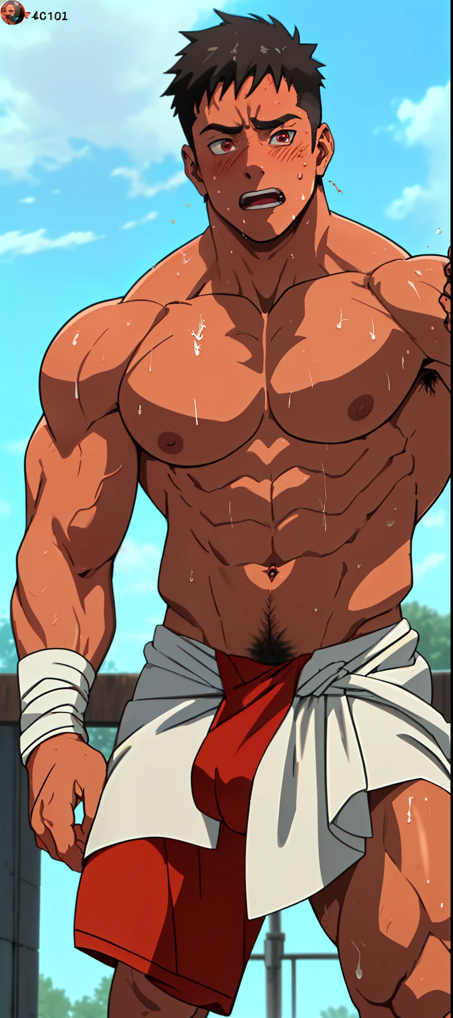 (photo angle from bottom up) (character in the center of photo) red skin, boy is shy and blushing, standing (photo angle from bottom up) [Anime photo] [highest quality photo] [4k  , HD image quality] wearing tight loincloths, loincloths bulging due to erect genitals, sexy, seductive, bodybuilder, super giant and muscular muscles contrasting with cute face, sinewy muscles  like exploding, muscular muscles, standing, a lot of sweat flowing down, sweating profusely, drenched in sweat, a lot of sweat running down the body, shirtless, hot sun, cold face