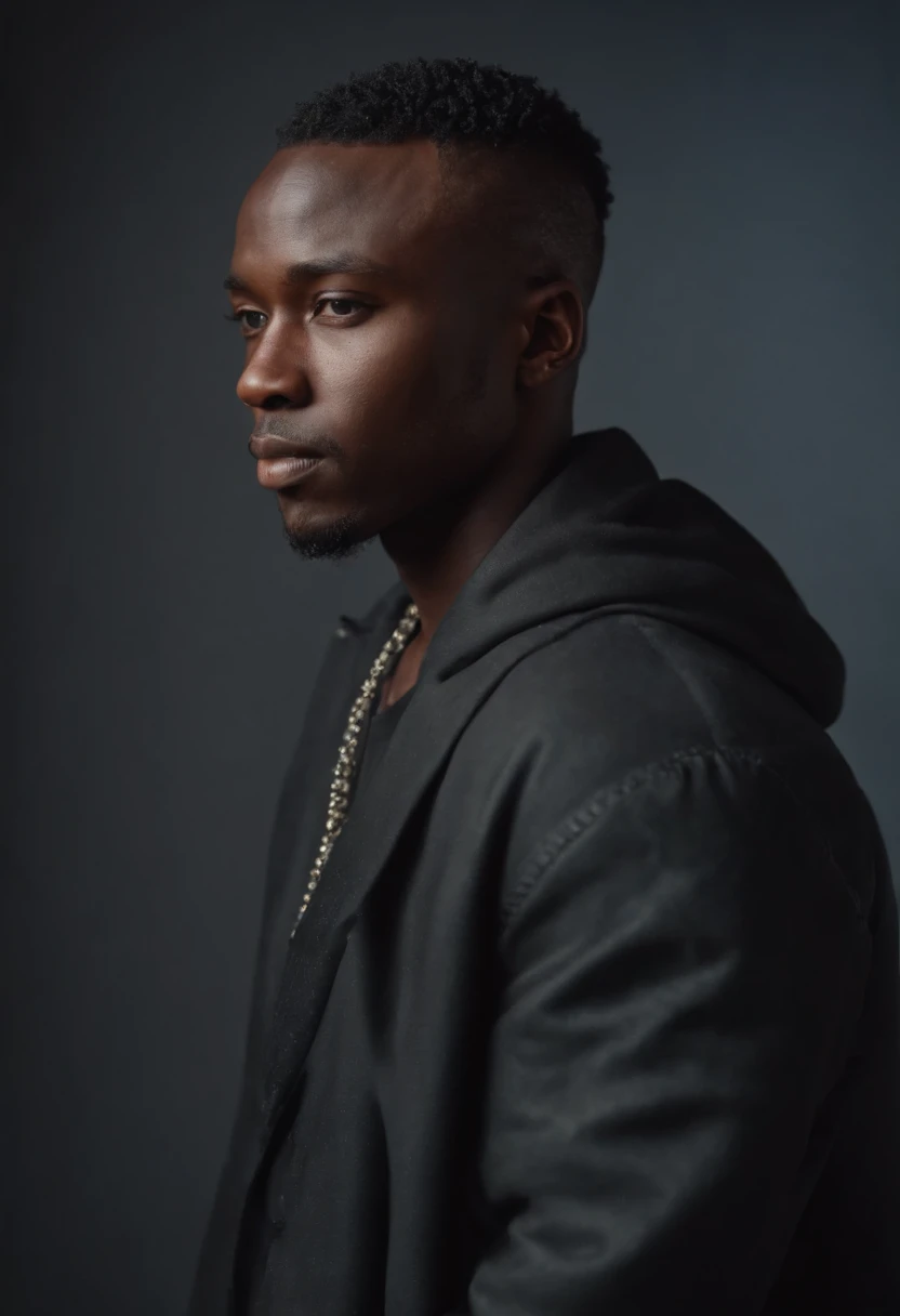 jeune homme noir africain, wearing modern clothes of singer of the good drip, studio photo, Very realistic abstract background, fantastic, Shot with a professional camera with moderate depth of field