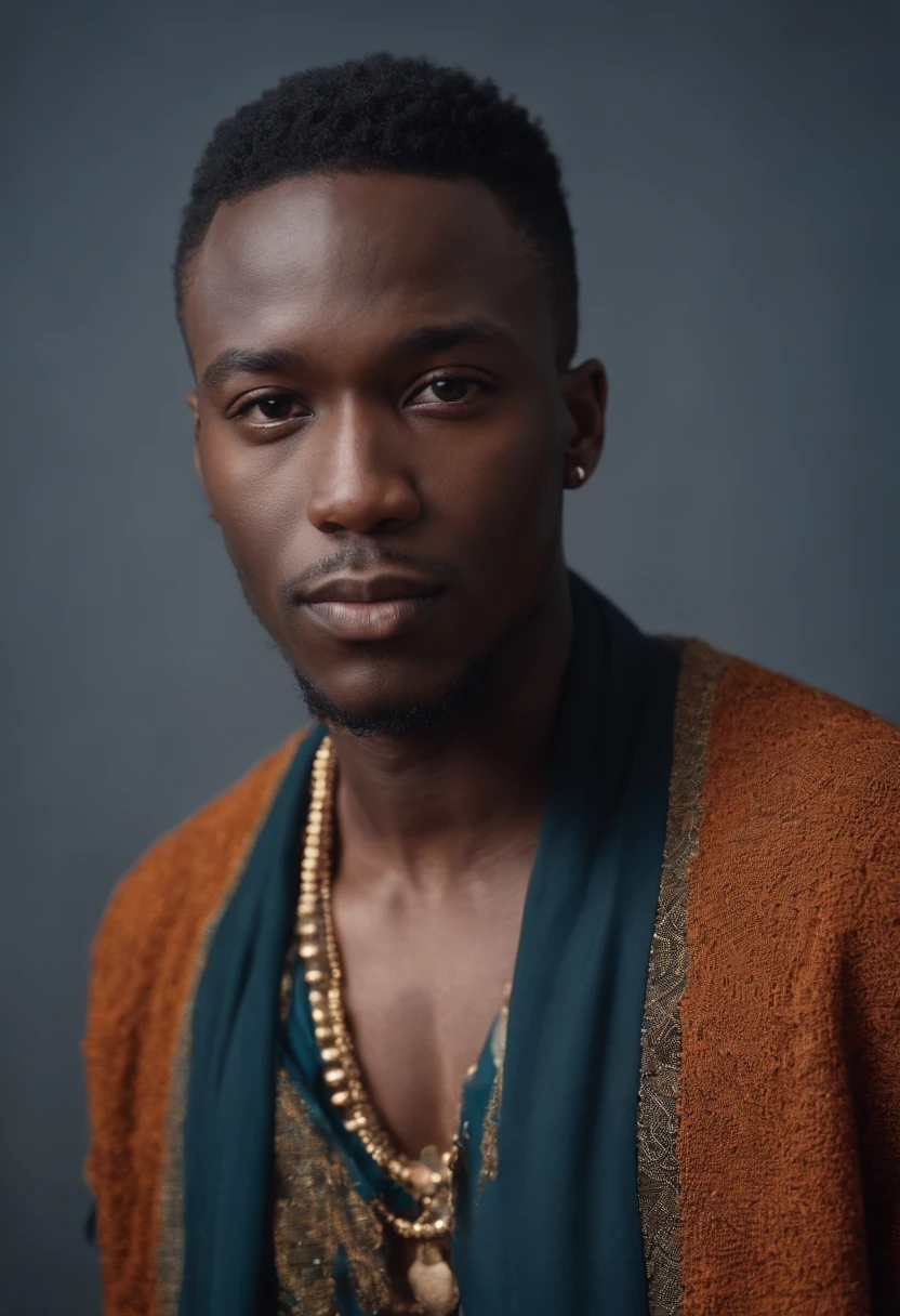 jeune homme noir africain, wearing modern clothes of singer of the good drip, studio photo, Very realistic abstract background, fantastic, Shot with a professional camera with moderate depth of field
