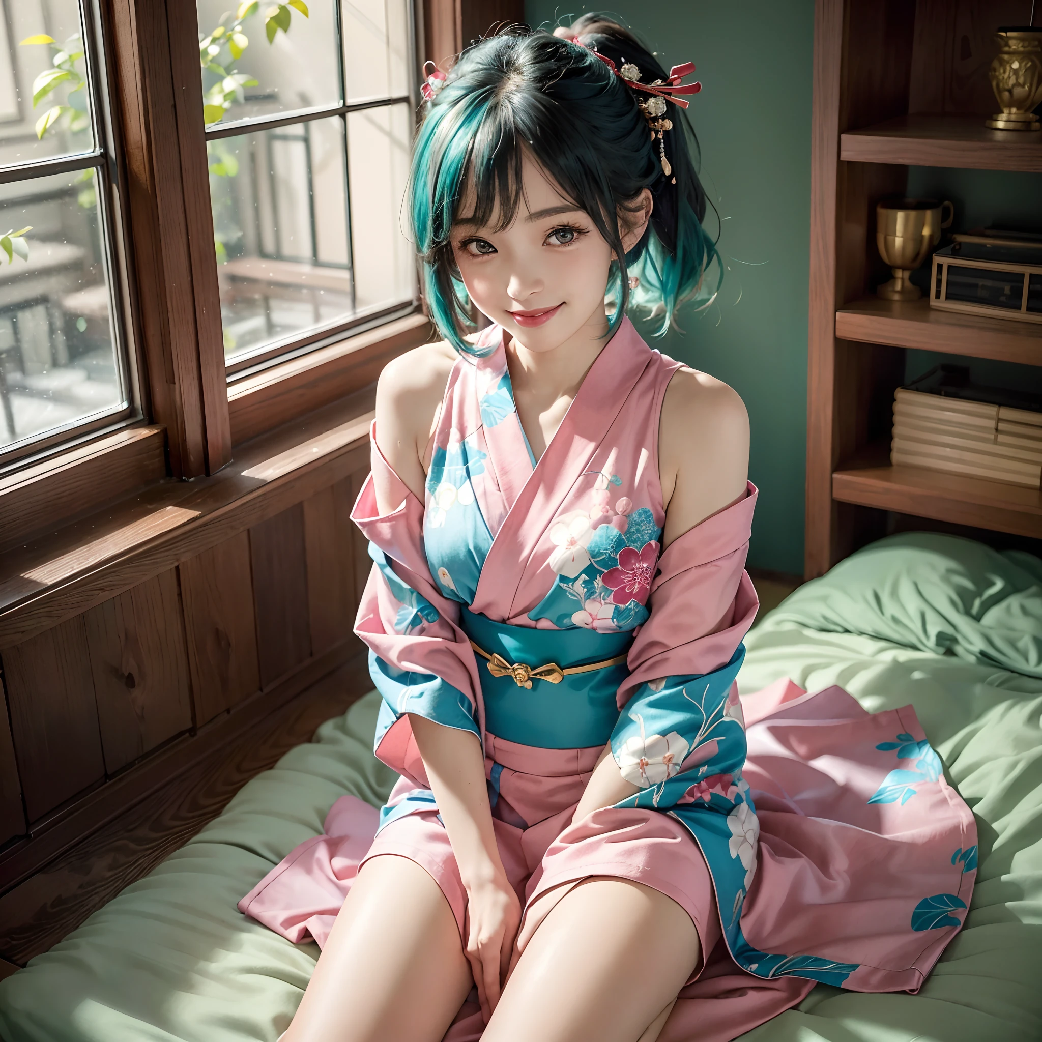 1girll, aqua hair, Detached sleeves, hair adornments, Japanese clothes, komono, Long hair, Obi, Pink kimono, sash, Sitting, Solo, double tails, Wide sleeves, (((indoor:1.33))), (((Simple room:1.33))), ((( Sitting on the bed:1.33))), Smiling,  (((did not wear panties))),  ((Long hair:1.21)), (Masterpiece,Best quality:1.5)