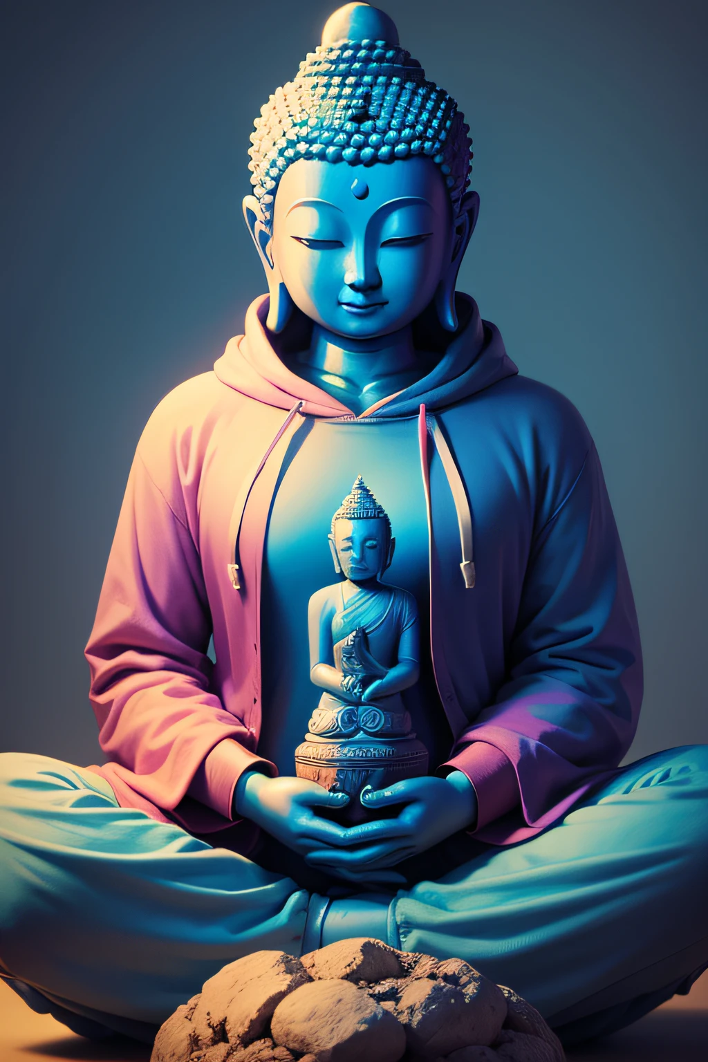 There is a blue Buddha statue wearing a hoodie,Colorful backgrounds, Buddha, the buddha, buddhism, beautiful image