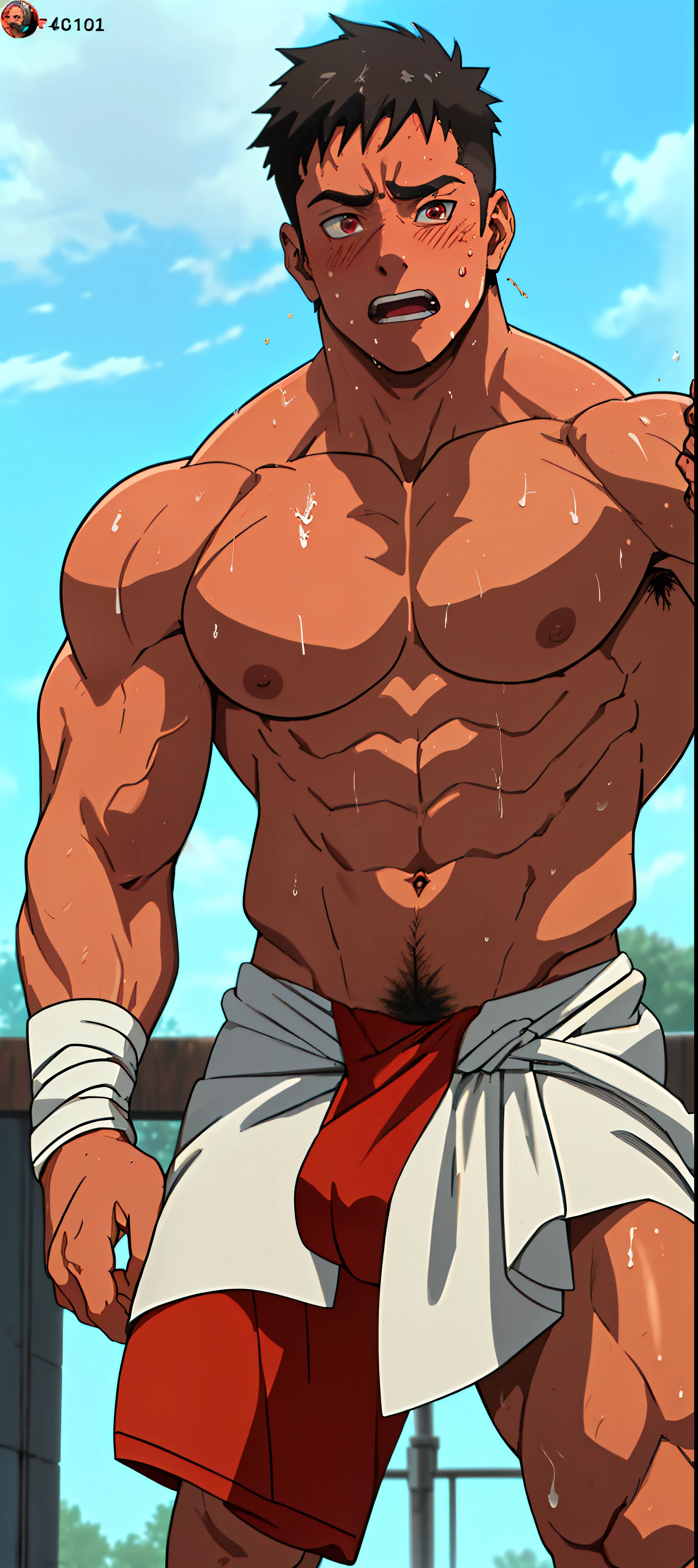 (photo angle from bottom up) (character in the center of photo) red skin, boy is shy and blushing, standing (photo angle from bottom up) [Anime photo] [highest quality photo] [4k  , HD image quality] wearing tight loincloths, loincloths bulging due to erect genitals, sexy, seductive, bodybuilder, super giant and muscular muscles contrasting with cute face, sinewy muscles  like exploding, muscular muscles, standing, a lot of sweat flowing down, sweating profusely, drenched in sweat, a lot of sweat running down the body, shirtless, hot sun, cold face