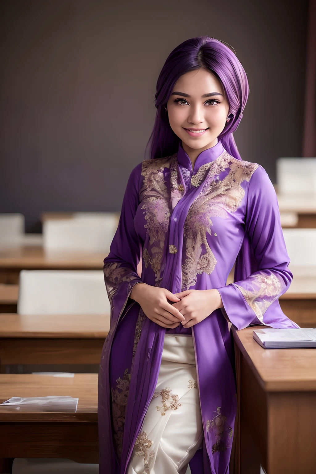 ((malay beautiful girl:1.3)) ((baju kebaya:1.4)),floral pattern baju kebaya, ((high school)), ((in the class room:1.3)) ((thin_fabric:1.4)) ((random sexy pose:1.3)) ((sweaty:1.5))((face is flushed:1.4)) ((small breasts:1.4)) ((close-up:1.2)) best quality,masterpiece,ultra high res,(photorealistic:1.4),raw photo,(Authentic skin texture:1.3),(film grain:1.3),panorama,character portrait,very wide shot,narrow waist,cowboy shot,(in the dark, deep shadow, low key, cold light,) night,streaming tears,,dust,Tyndall effect,(expression),1girl,beautiful detailed eyes and face,white jabot,brown eyes,((purple hair:1.2)) ((full body:1.3)) ((smile:1.3))