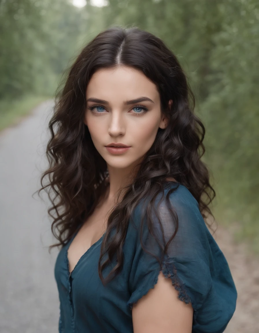 Yael Shelbia (beautiful and bold, seductive and attractive, blue eyes, pointed breasts, long curly black hair, sweaty body, open shirt, short shorts, me, boot, thick legs). (forest, abandoned road, van life, beach, cinematic effect), (Best quality, masterpiece, depth of field, Full HD, 4K, richness of detail). Portrait style