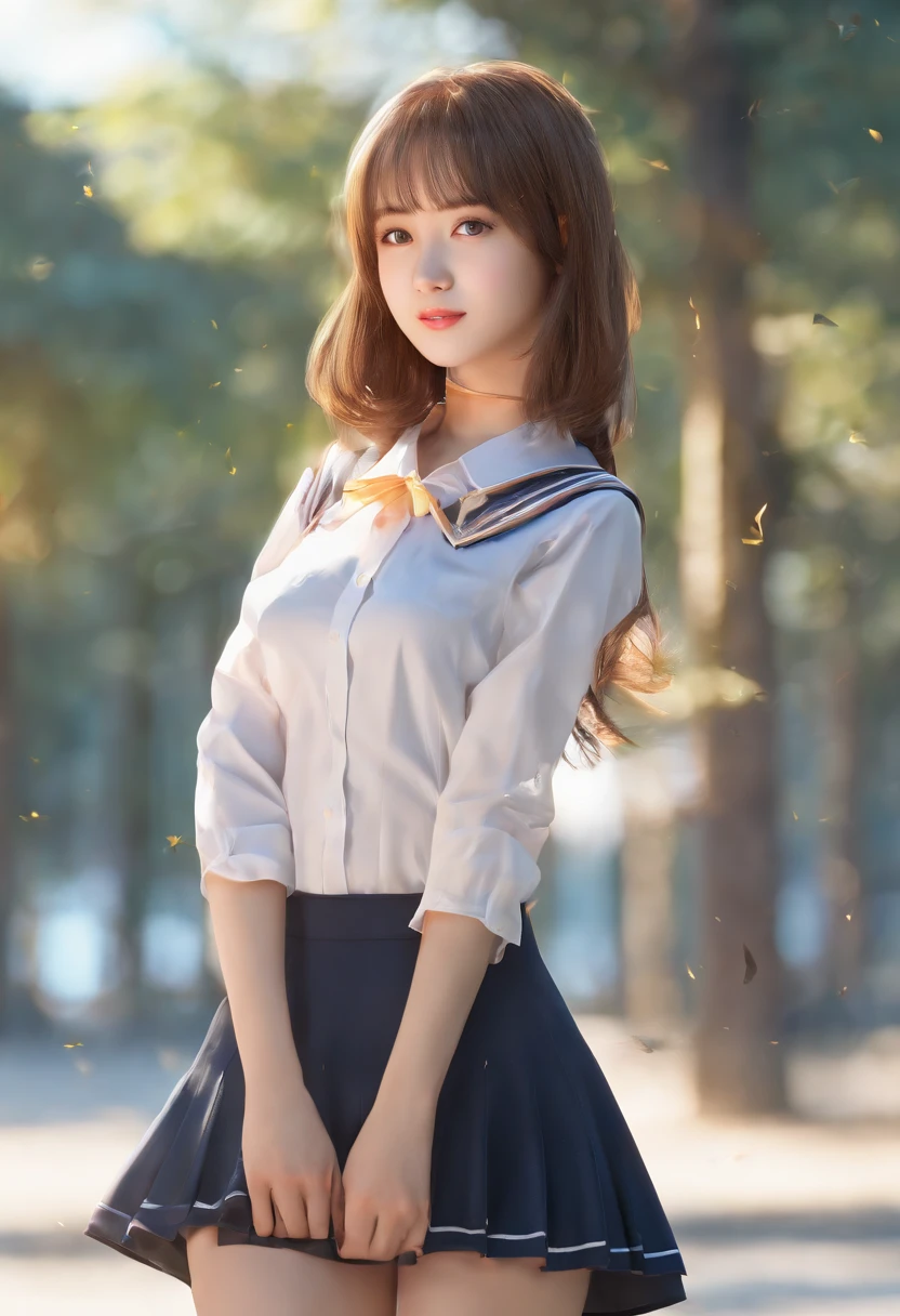 18 years old female, long hair, RAW photo, bokeh (realism: 1.4, realistic), high detail CG unified 8K wallpaper, 1girl, ((slim body: 1)), (small breasts: 1), back to viewer, ((direct view from the front)), (HQ skin: 1.4), 8k uhd, dslr, soft light, high quality, film grain, Fujifilm XT3, ((school uniform, short skirt,see through open skirt:1.5)), ((outdoor, at park))) jangjoo, portrait,((Layered short Haircut, black hire,small breast:1.2)),(looking at viewer:1.4),(full body:1.8)
