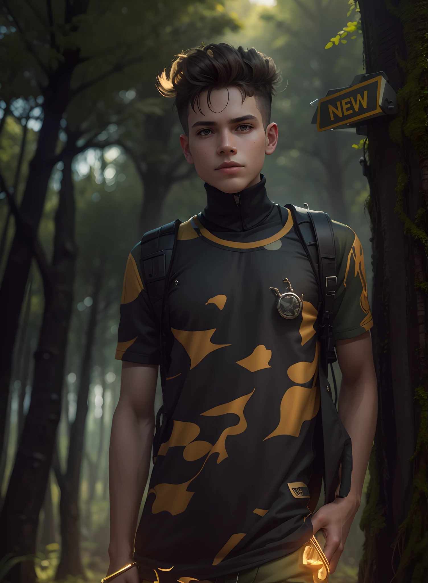 Syberpunk, background change, iland, forest,boy1(4k details), realistic, ultra HD