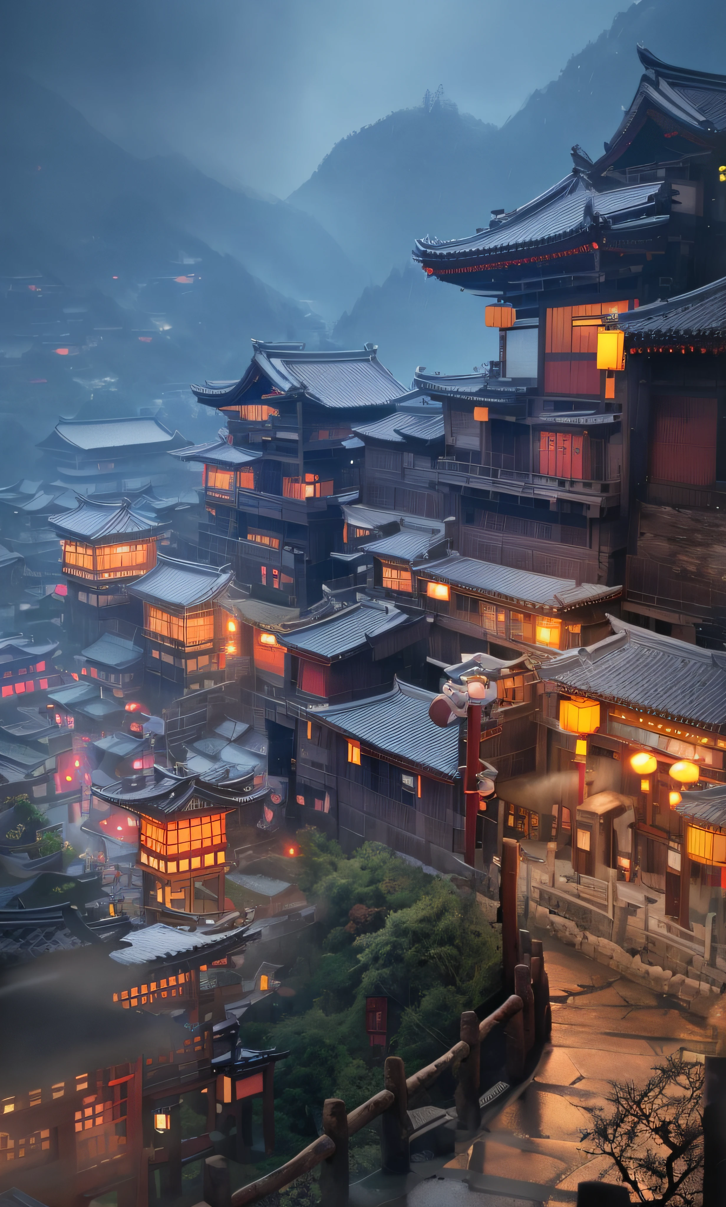 arafed view of a village with a lot of lights on the buildings, dreamy chinese town, chinese village, amazing wallpaper, japanese town, japanese village, hyper realistic photo of a town, old asian village, japanese city, by Raymond Han, rainy evening, cyberpunk chinese ancient castle, beautifully lit buildings, at evening during rain, beautiful and aesthetic, photography, cinematic, 8k, high detailed ((Heavy rain)))